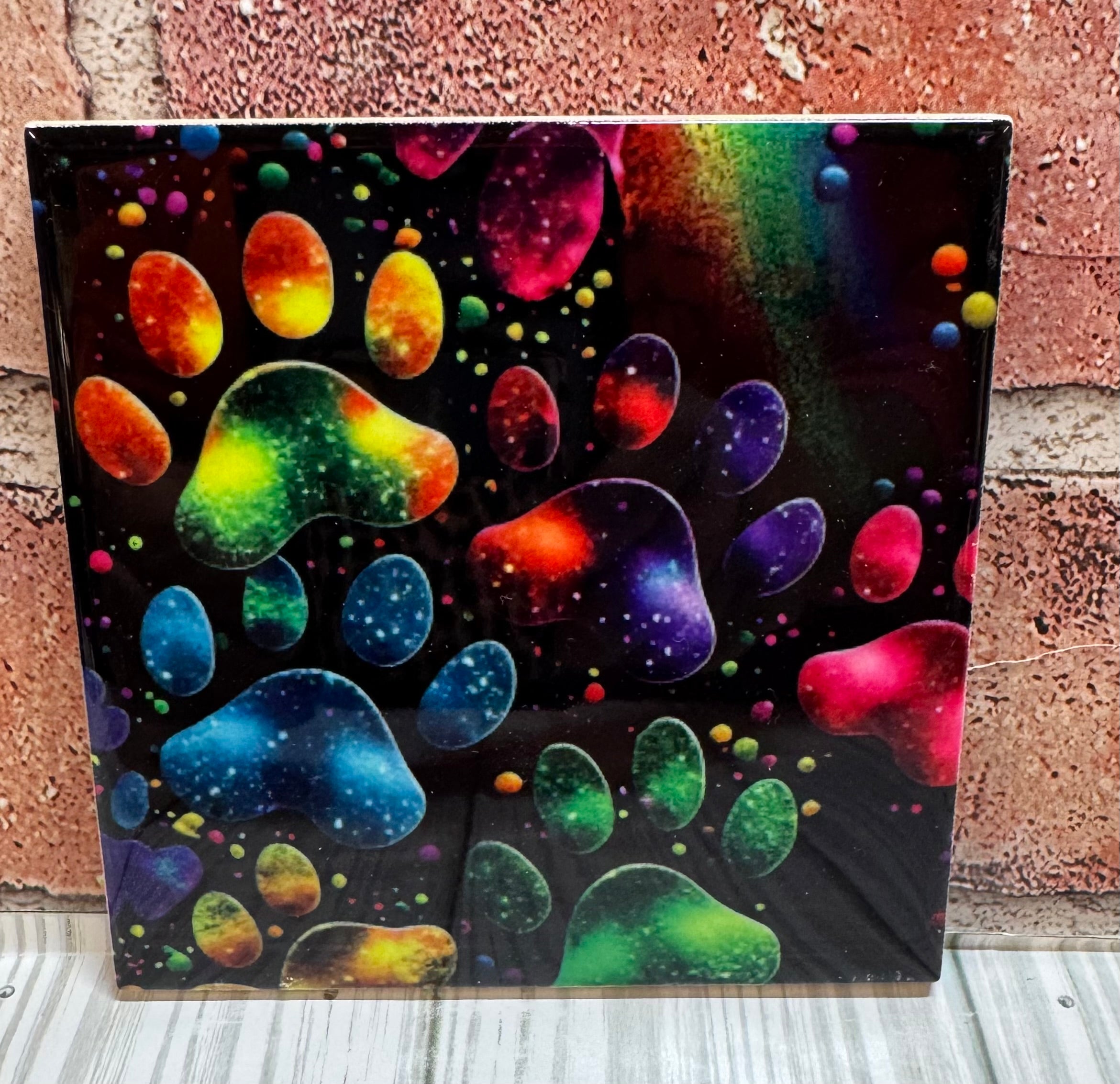 Square Ceramic Coaster Paw Prints Multi