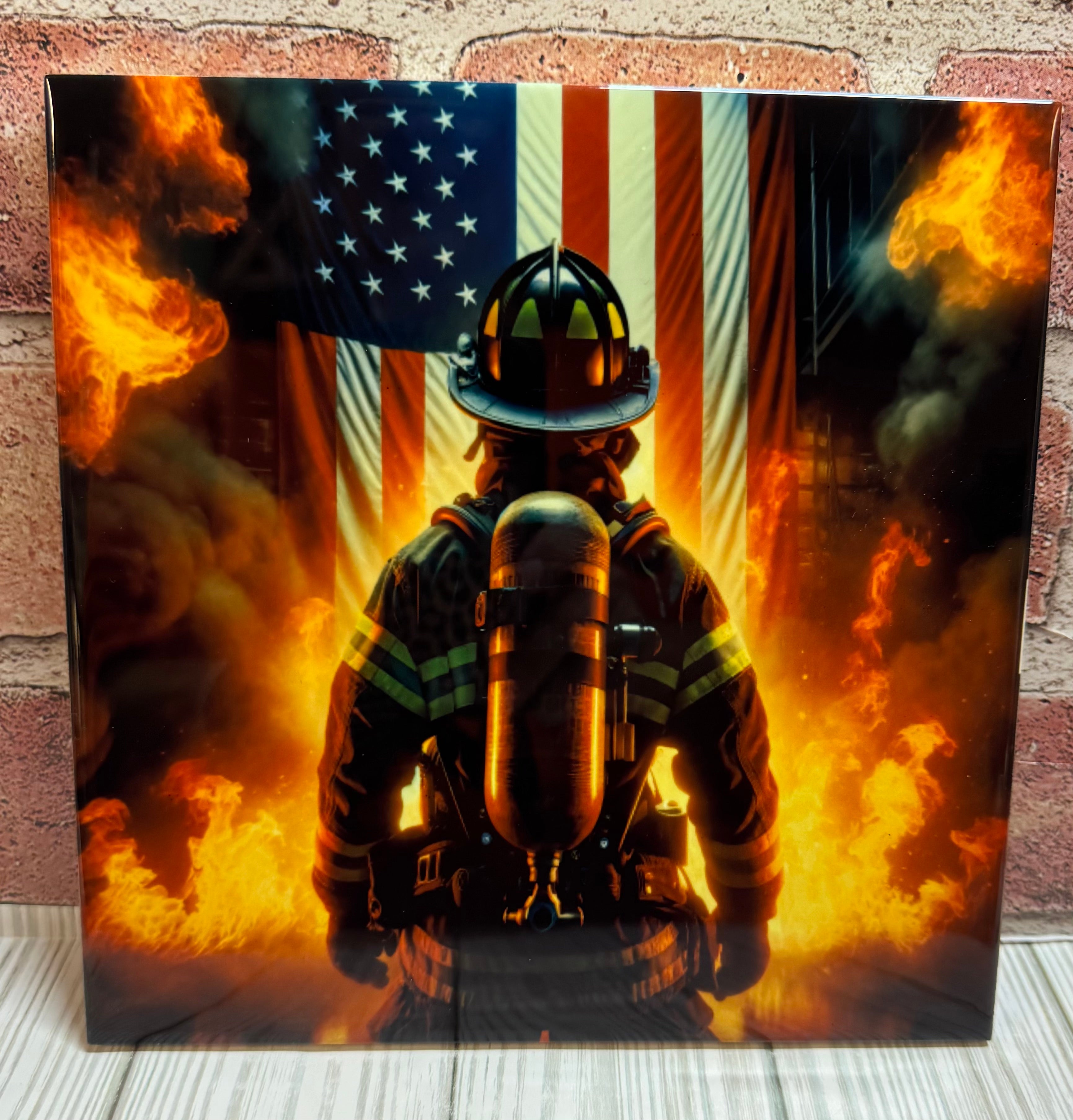 8 X 8 Ceramic Tile Fireman flag with flames