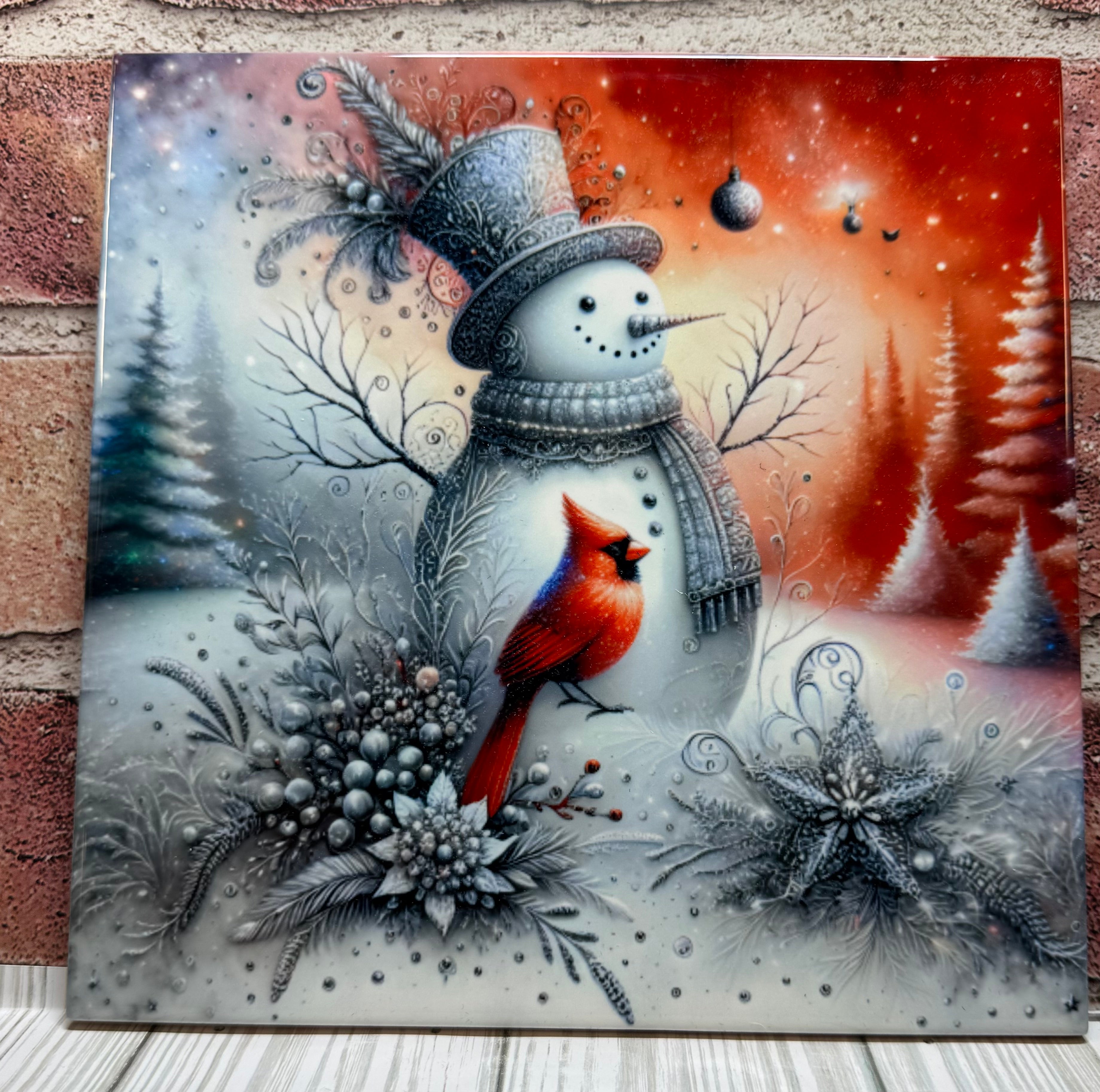 8 X 8 Ceramic Tile Snowman with Cardinal