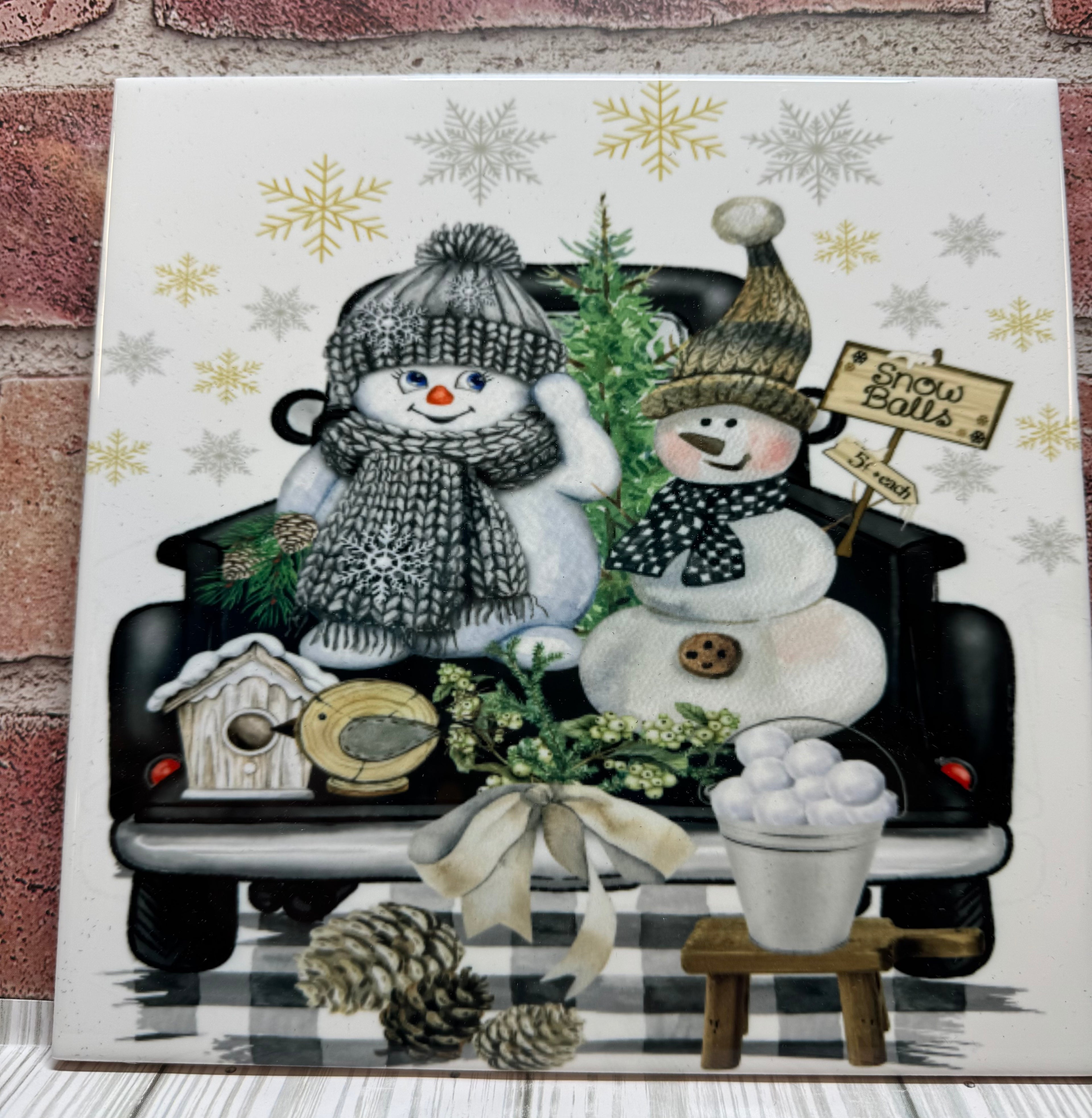 8 X 8 Ceramic tile snowmen in truck