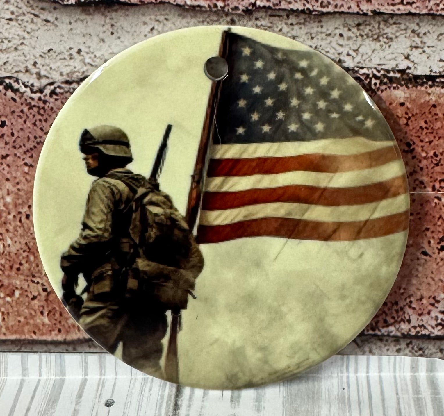 Ceramic Christmas Ornament Soldier with flag and smoke