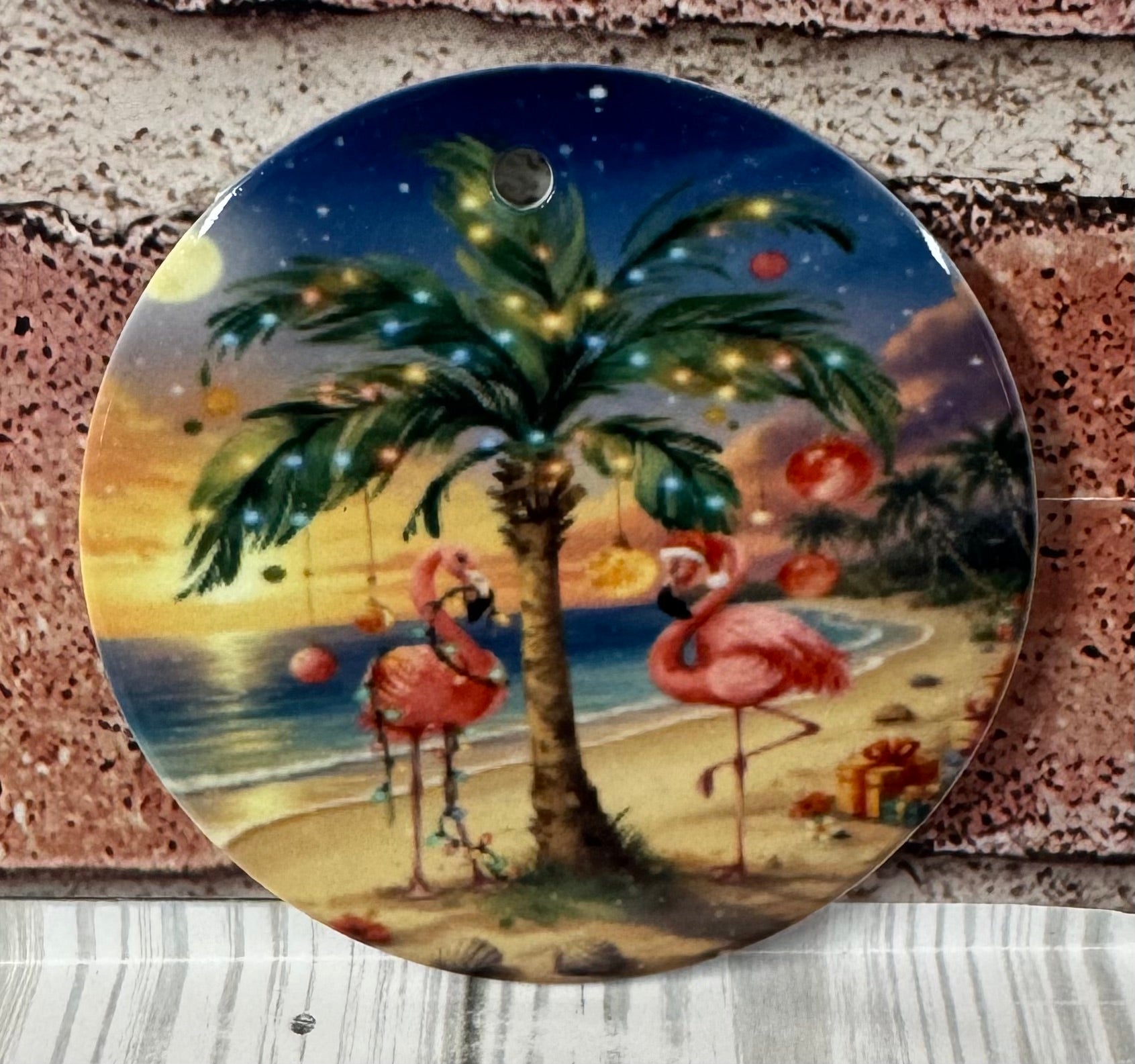 Ceramic Christmas Ornament Flamingos on beach
