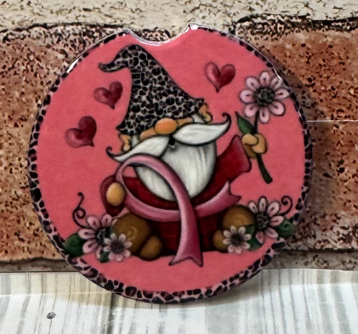 Car Coaster Pink Gnome Cancer awareness
