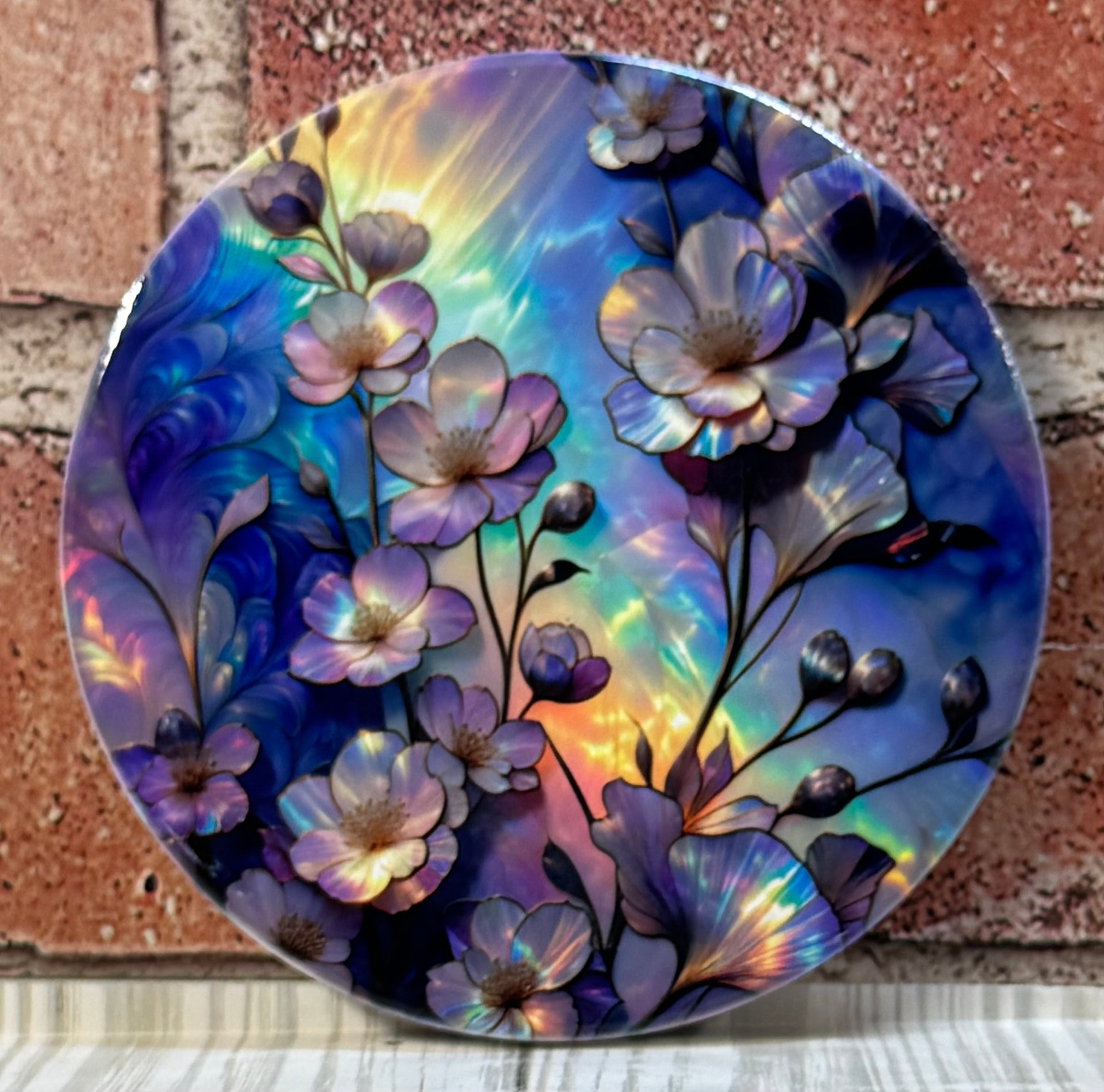 Round Ceramic Coaster Purple Iridescent flowers