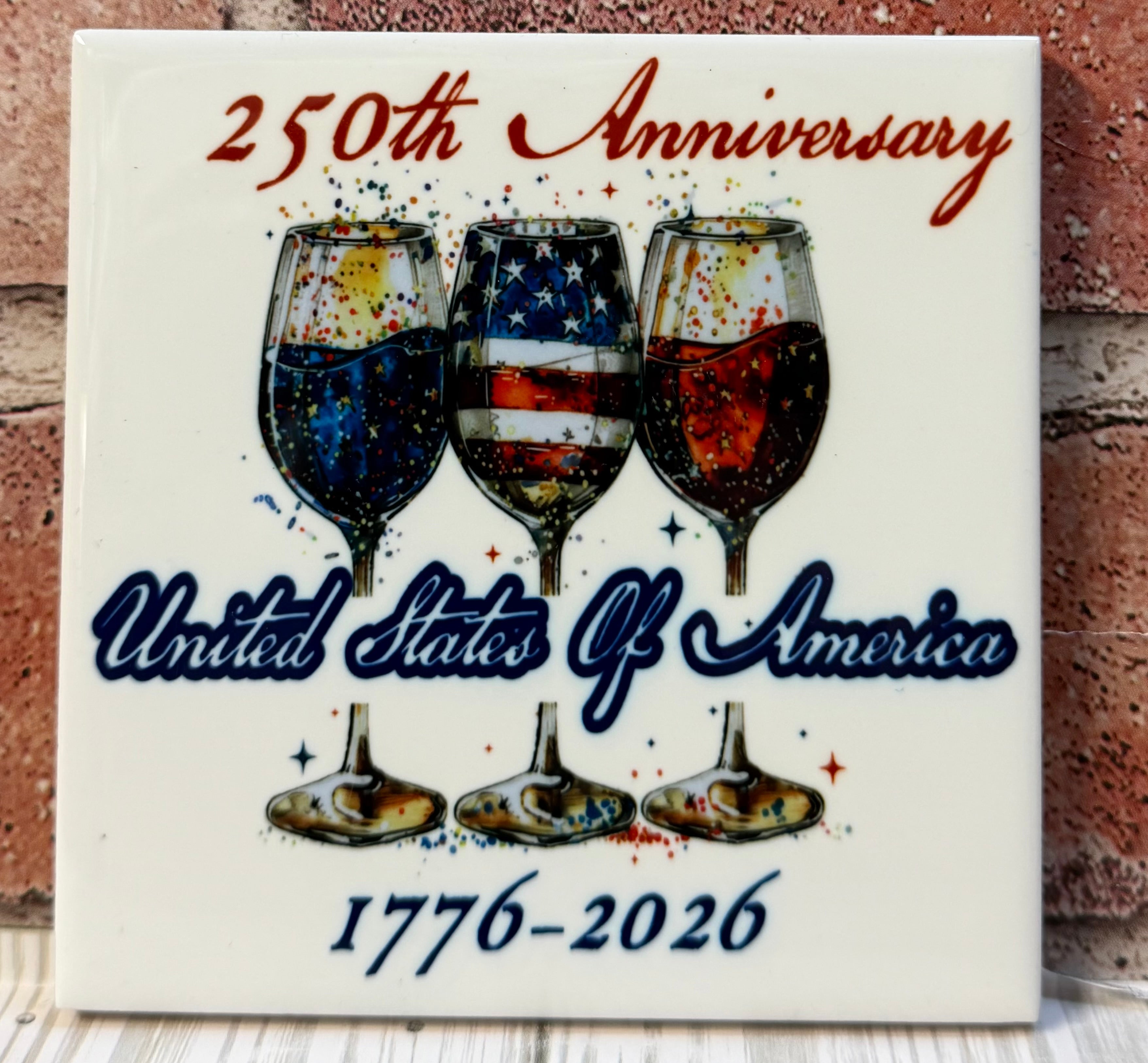 Square Ceramic Coaster USA 250th Anniversary wine glasses