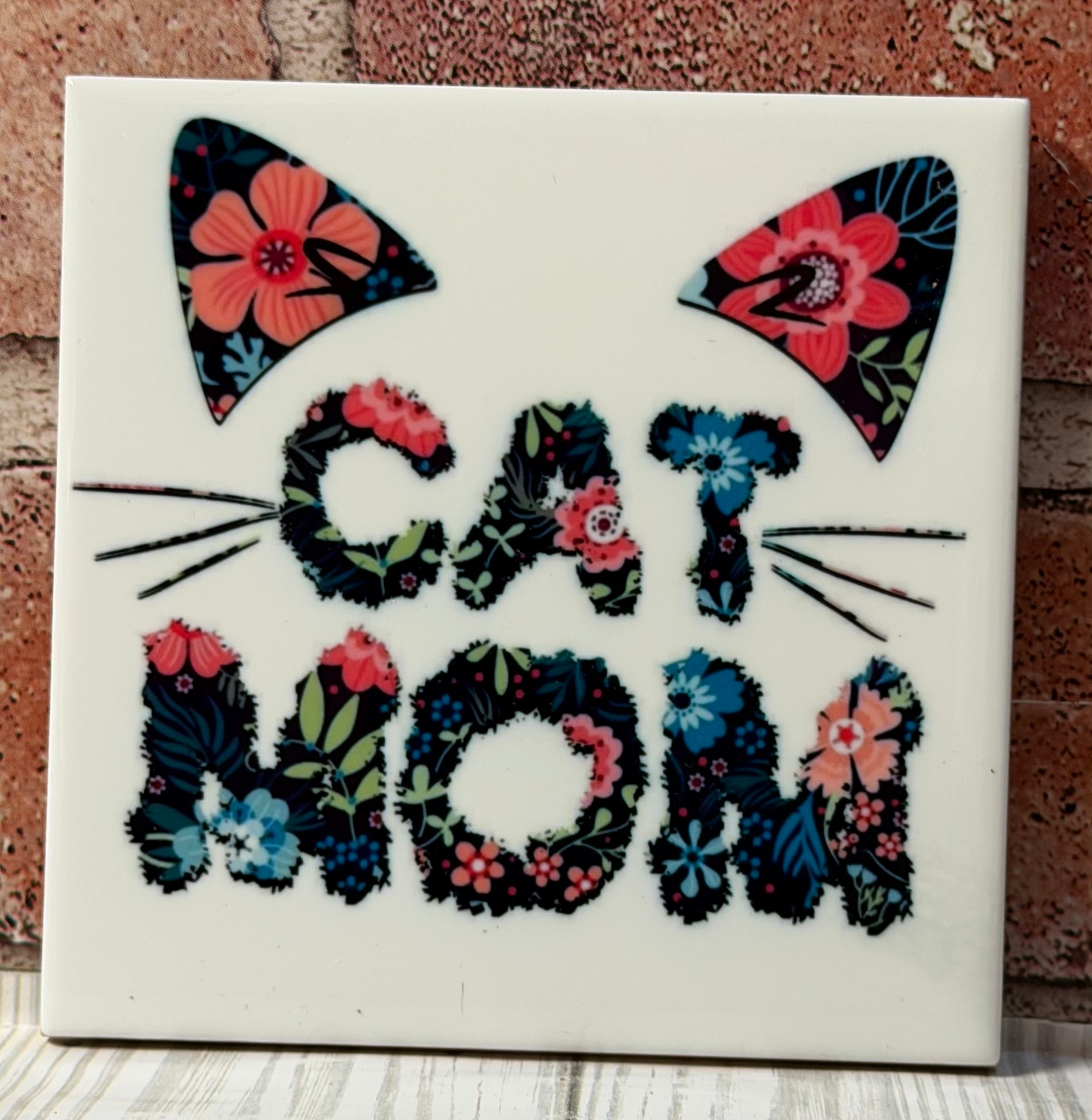 Square Ceramic Coaster Cat Mom floral