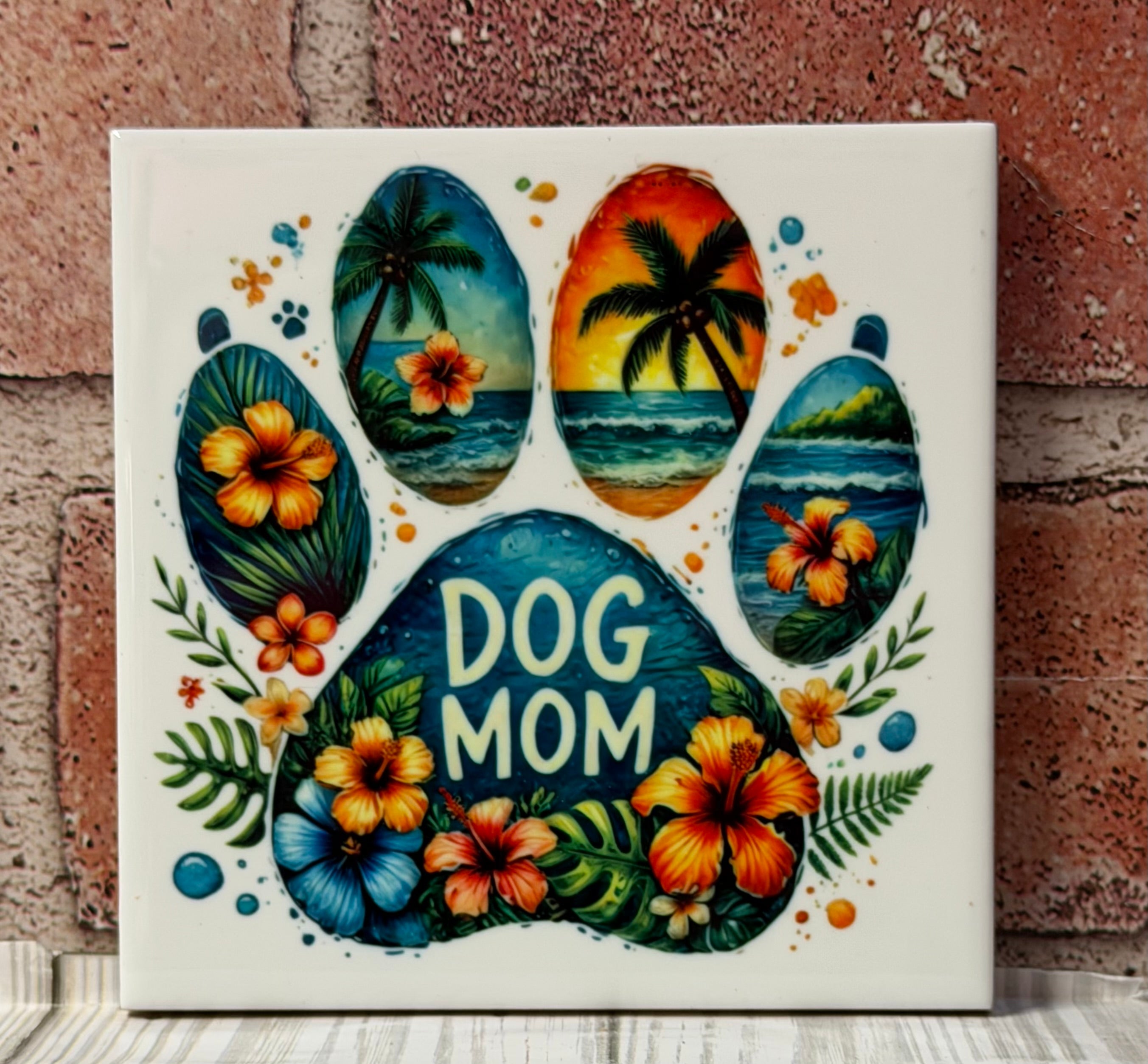 Square Ceramic coaster Dog Mom Tropical
