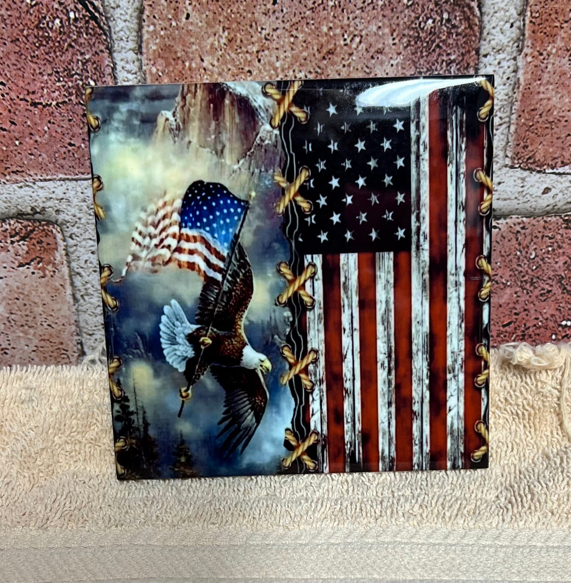 Square Ceramic Coaster Eagle with flag