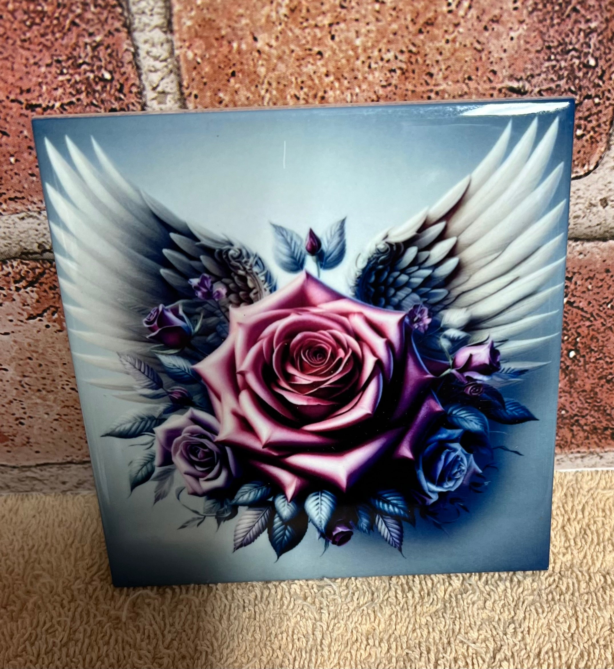 Square Ceramic Coaster Mauve rose Angel wings