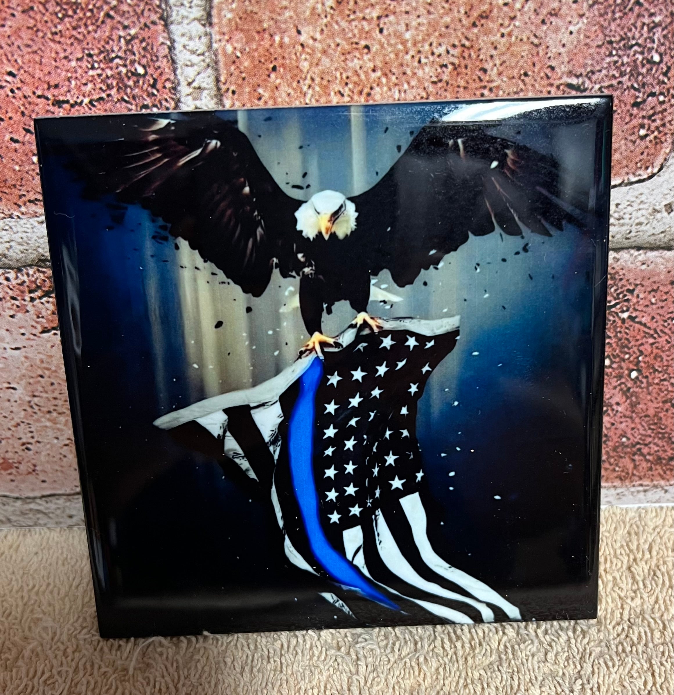 Square Ceramic Coaster Eagle with Flag with blue stripe