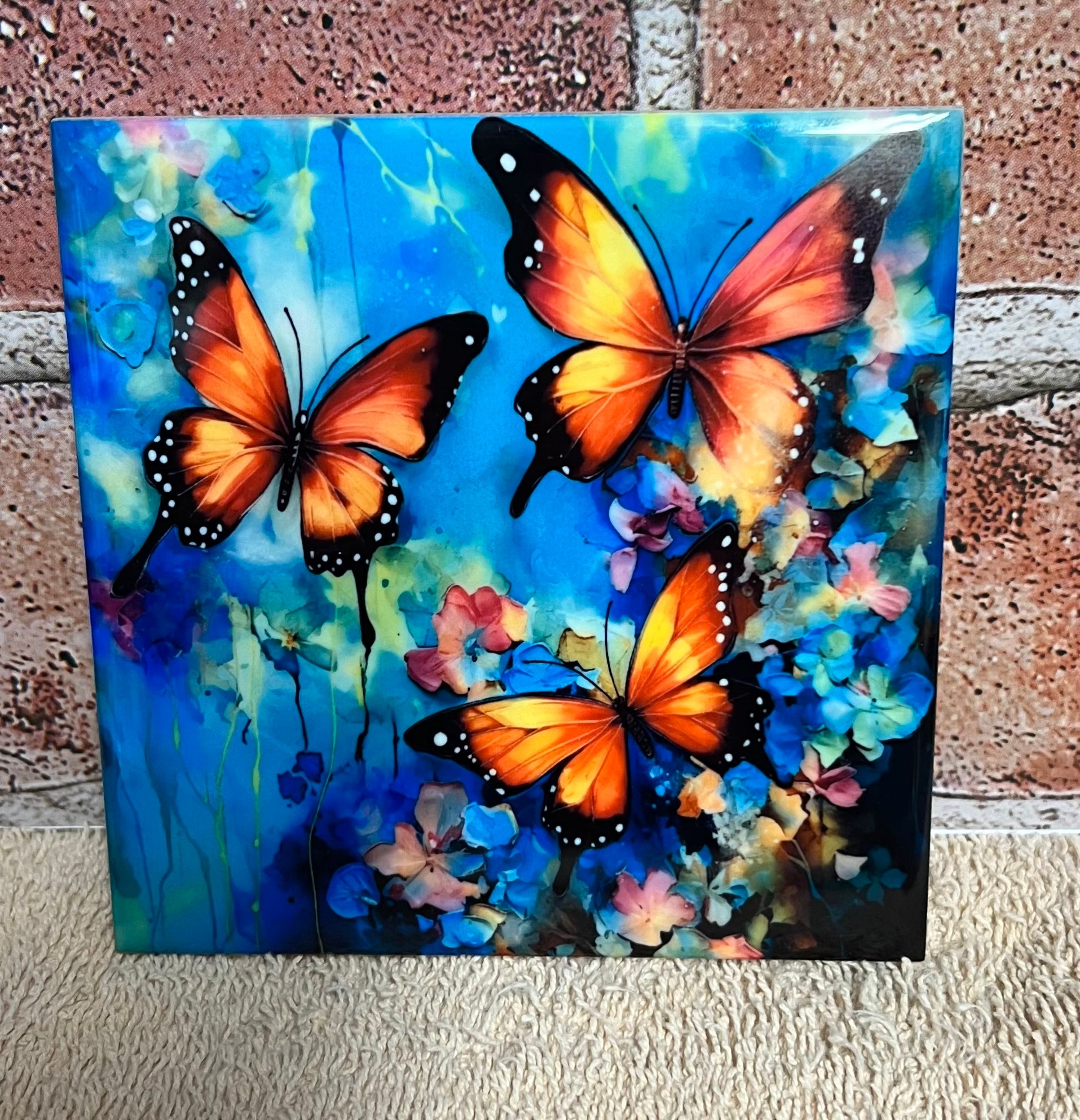Square Ceramic Coaster Butterflies Watercolor