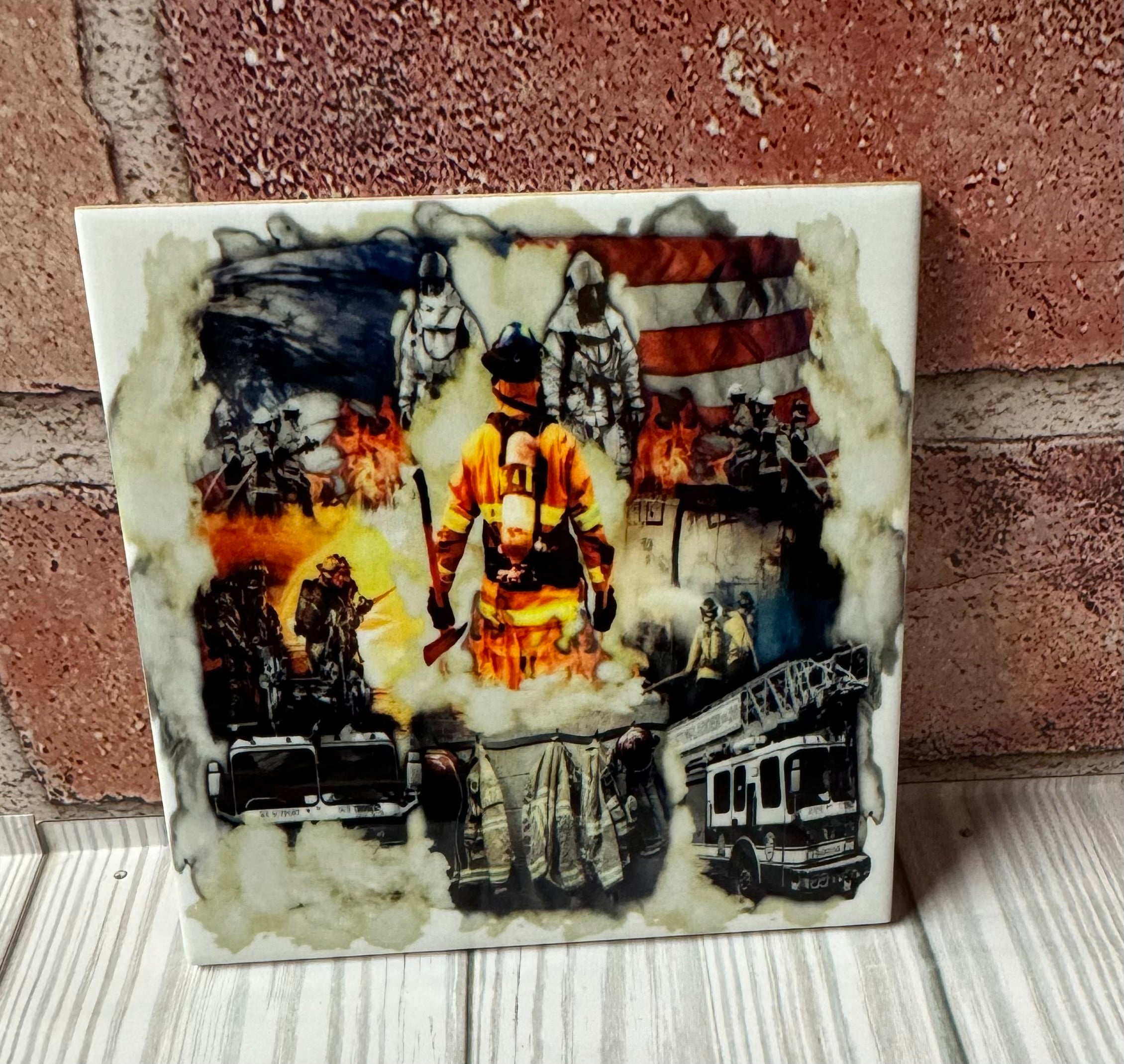 Square Ceramic Coaster Fireman Collage