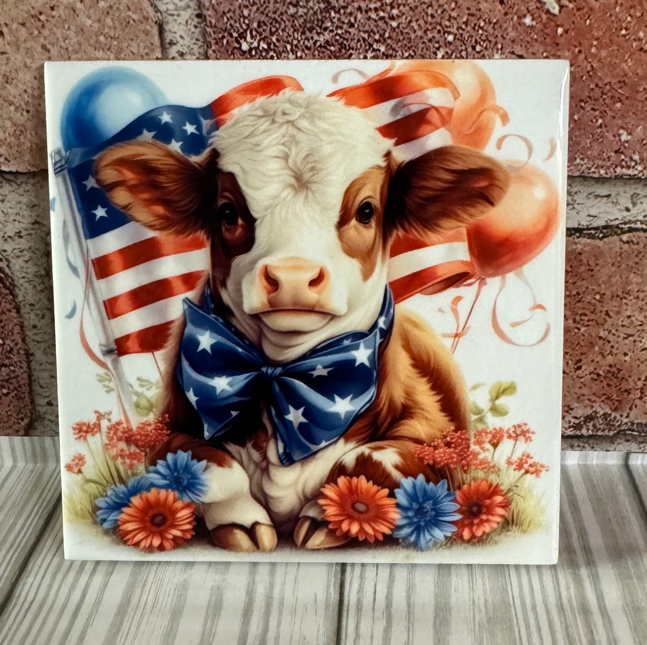 Square Ceramic Coaster Patriotic Cow
