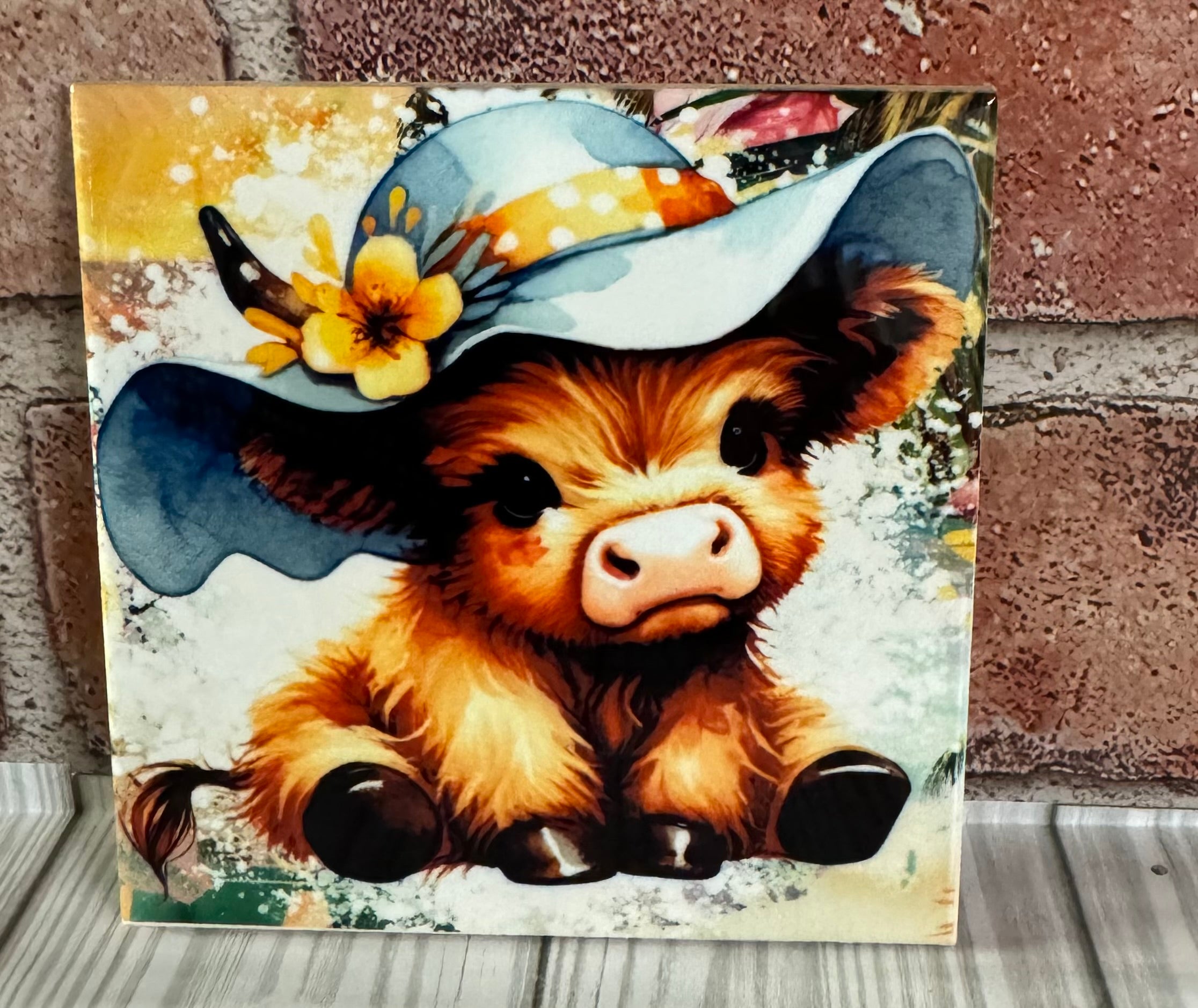 Square Ceramic Coaster Cow with Blue hat