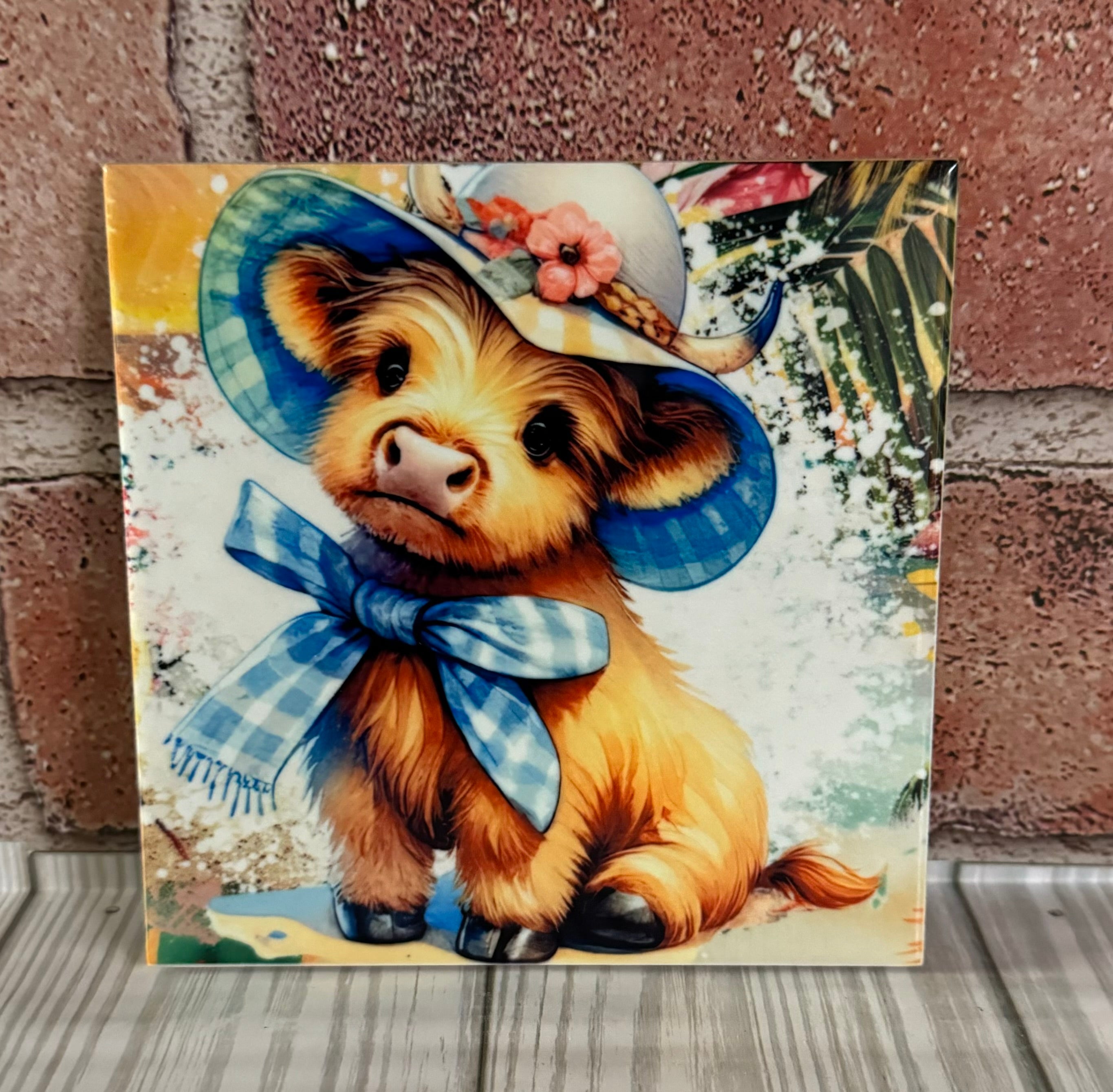 Square Ceramic Coaster Cow with blue gingham hat