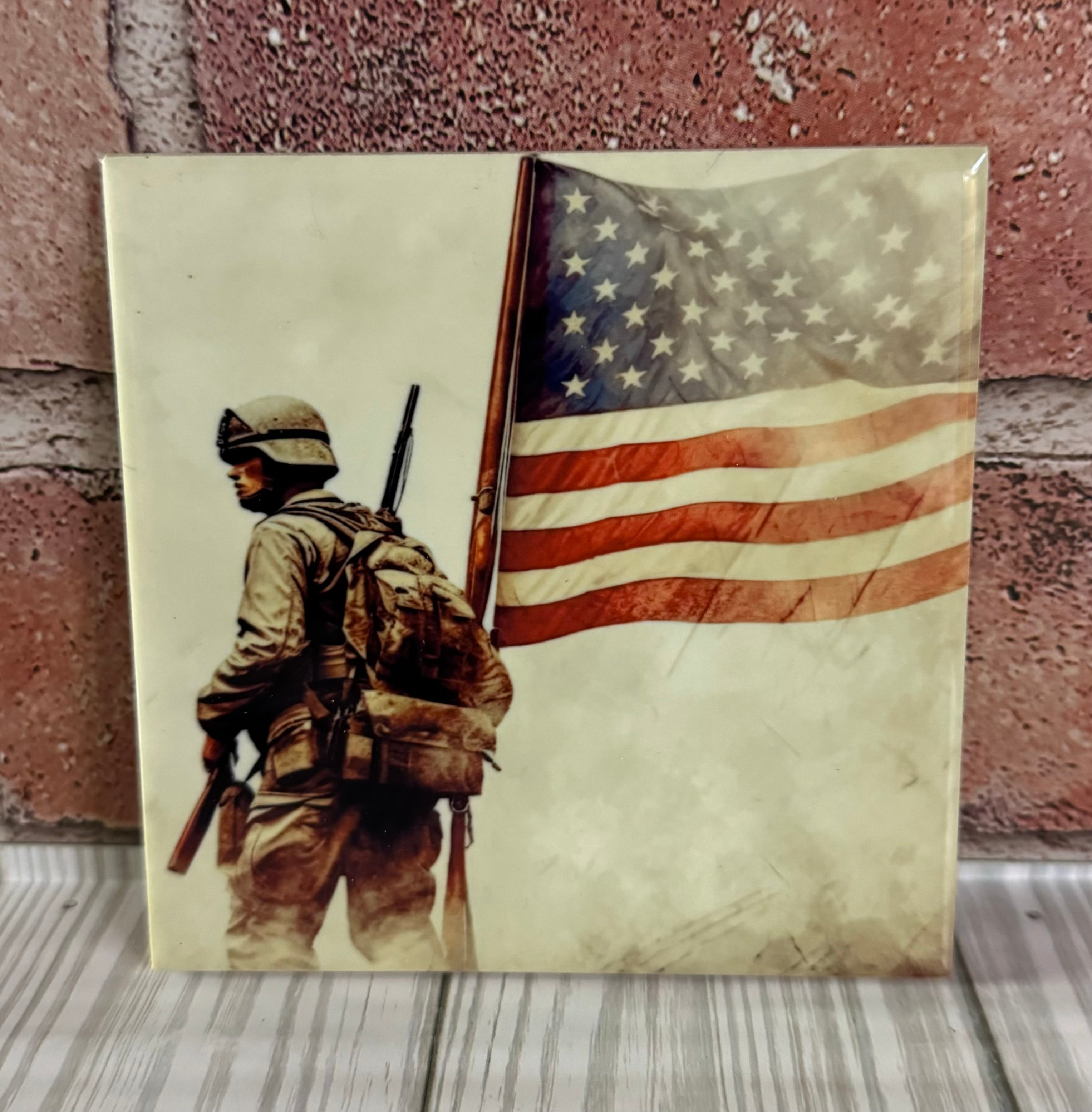 Square Ceramic Coaster Soldier with Flag