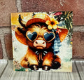 Square Ceramic Coaster Cow with heart glasses