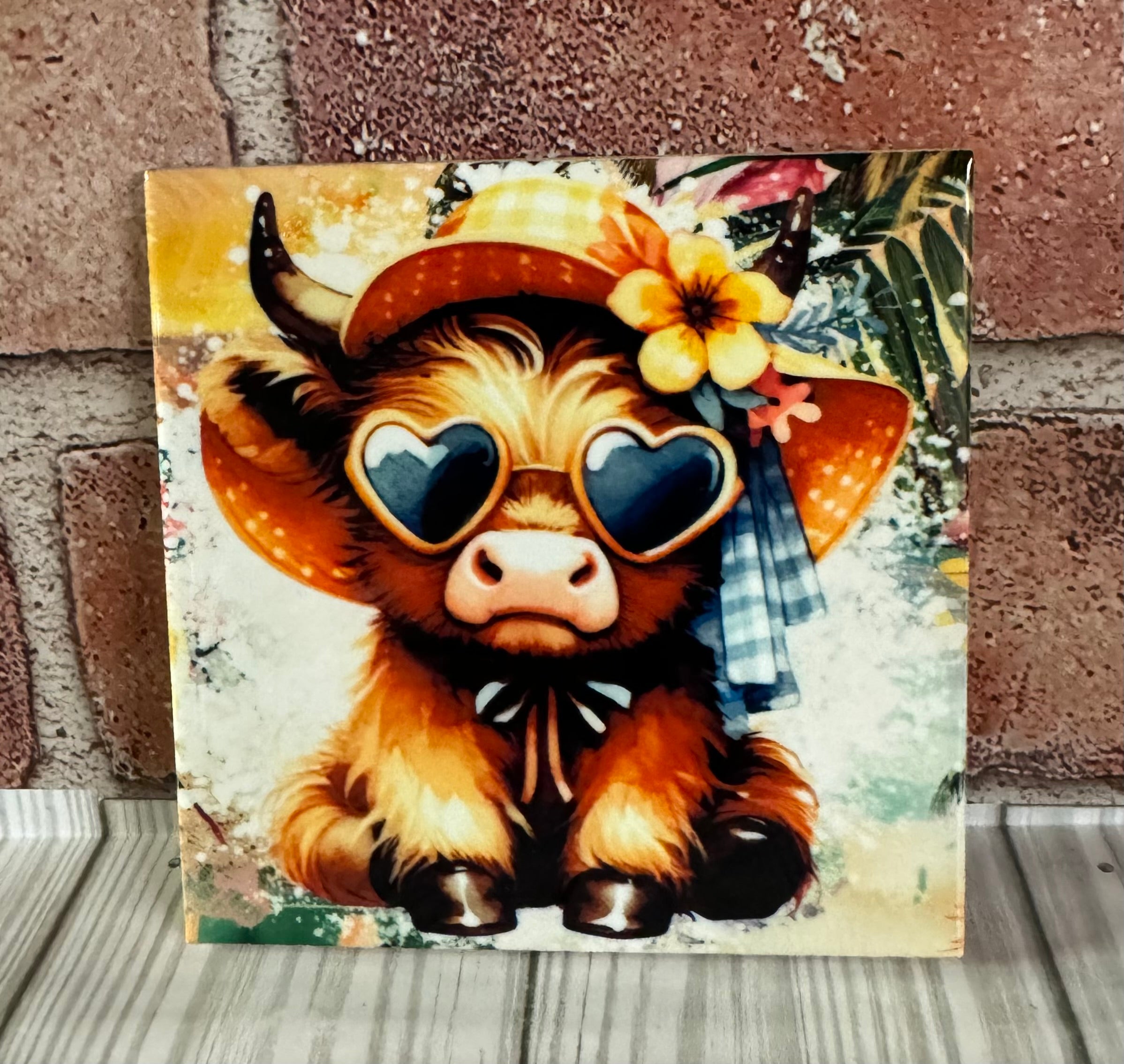 Square Ceramic Coaster Cow with heart glasses