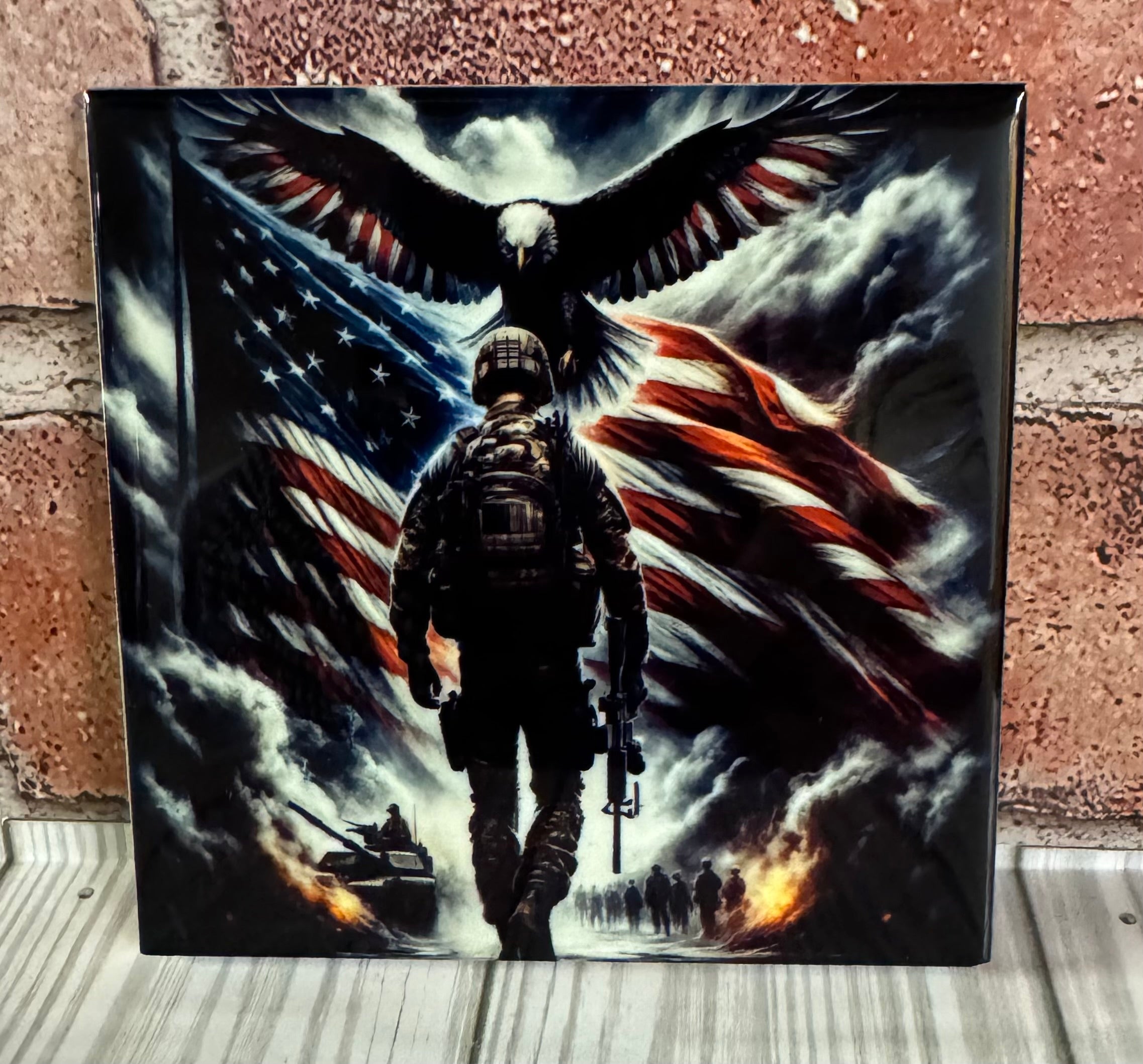 Square Ceramic Coaster Soldier with flag and Eagle