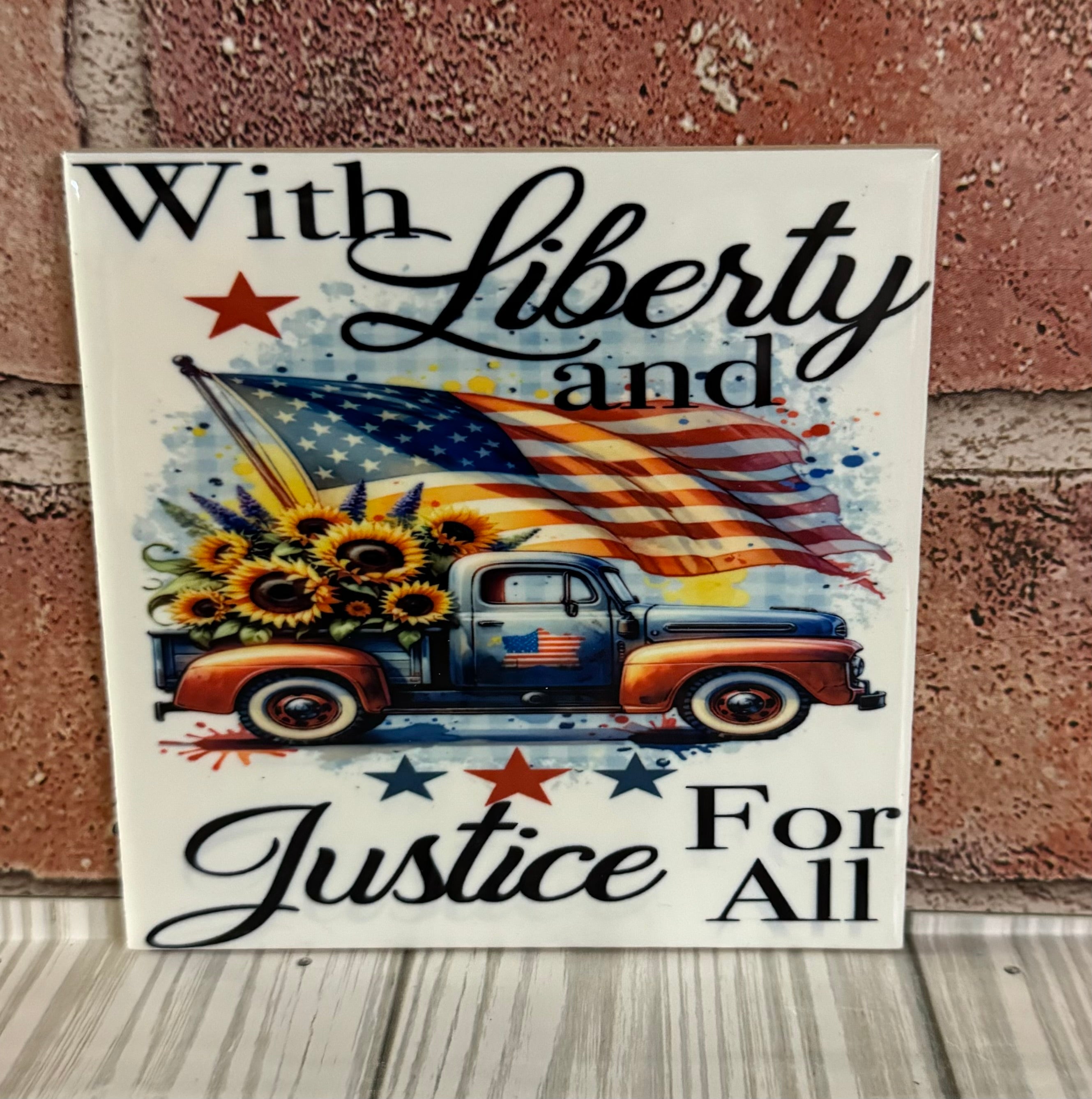 Square Ceramic Coaster With Liberty and Justice for All