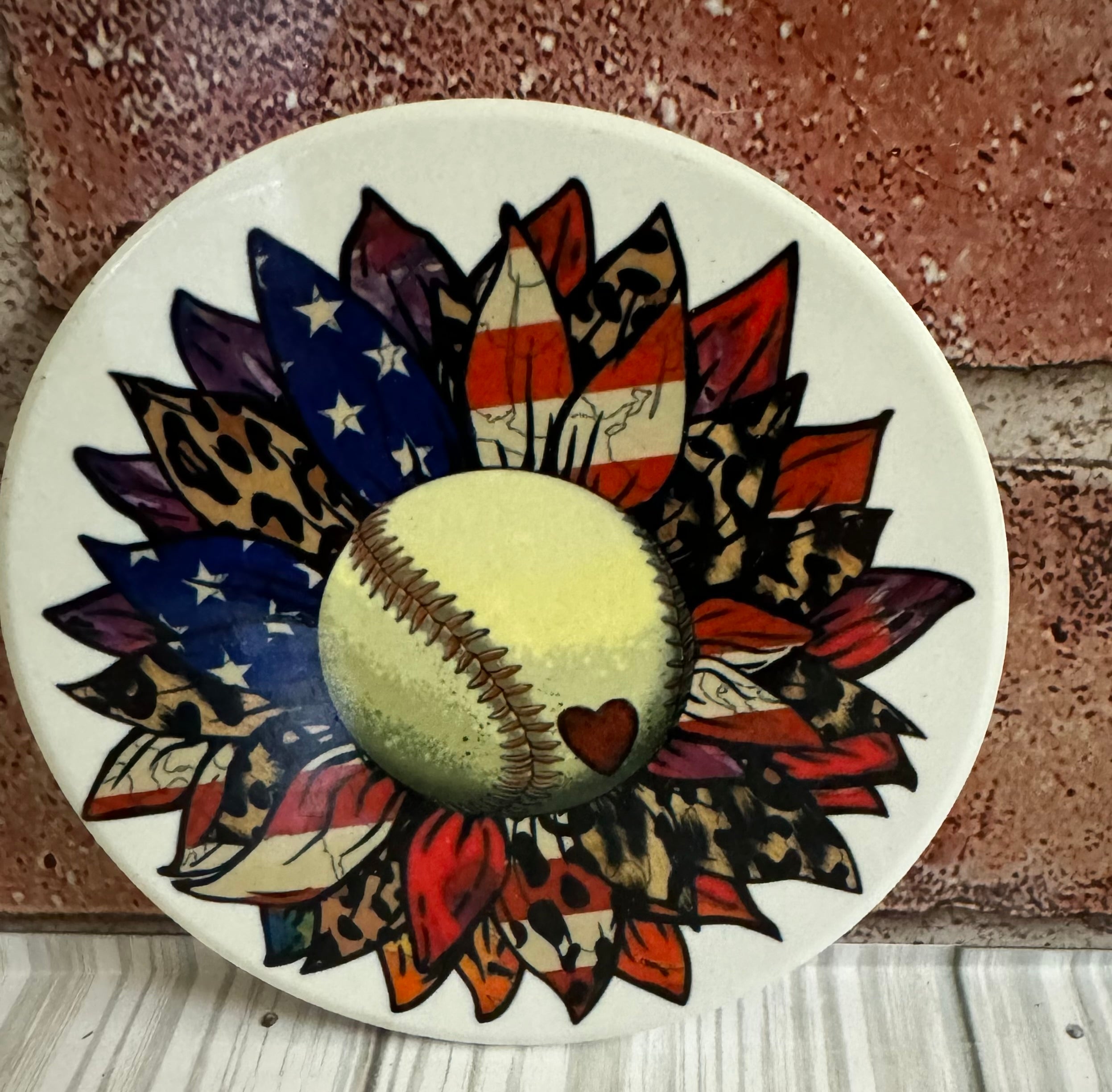 Round Ceramic Coaster Baseball Patriotic sunflower
