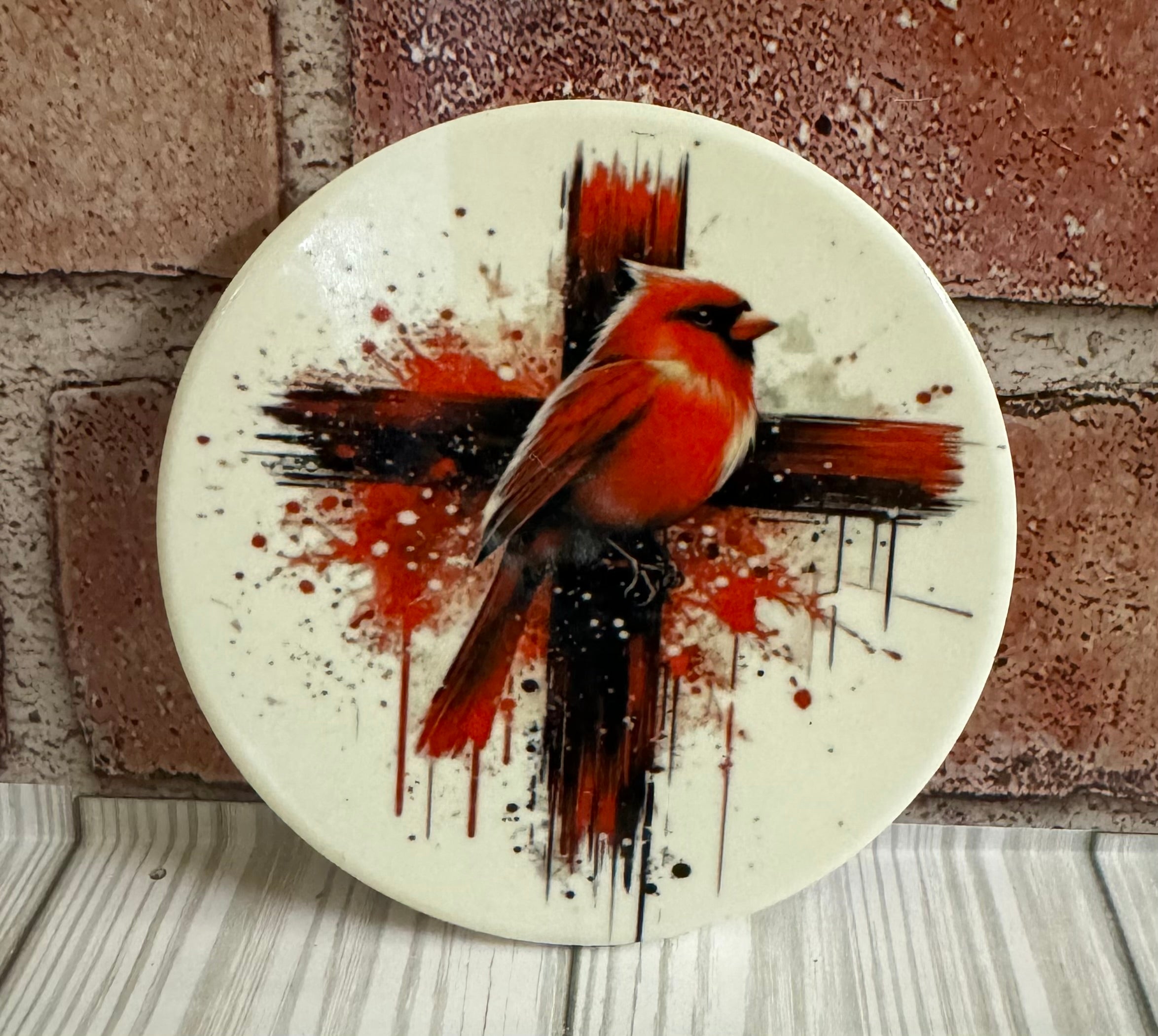 Round Ceramic coaster Cardinal on Cross