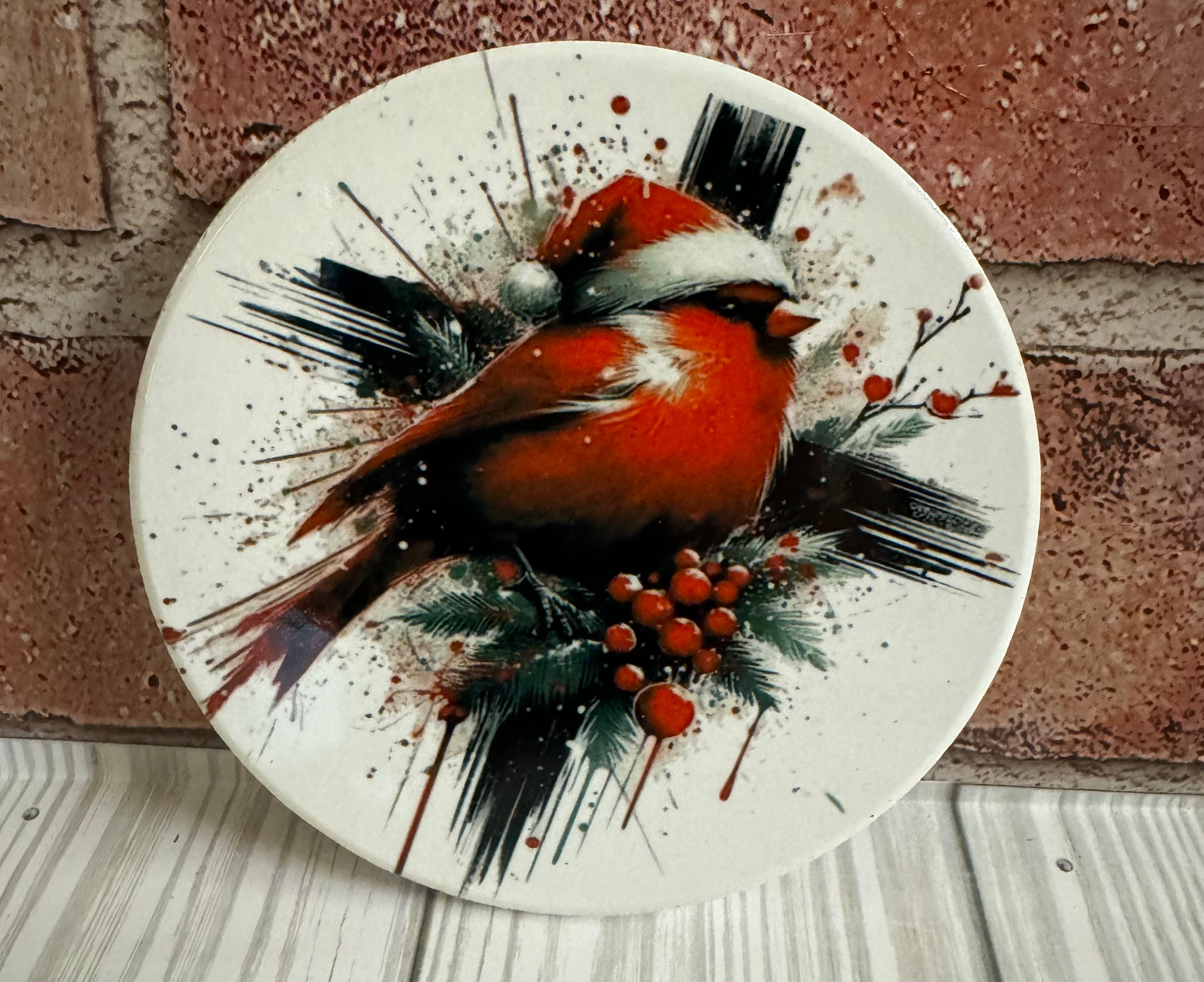 Round Ceramic Coaster Red bird with Santa hat on Cross