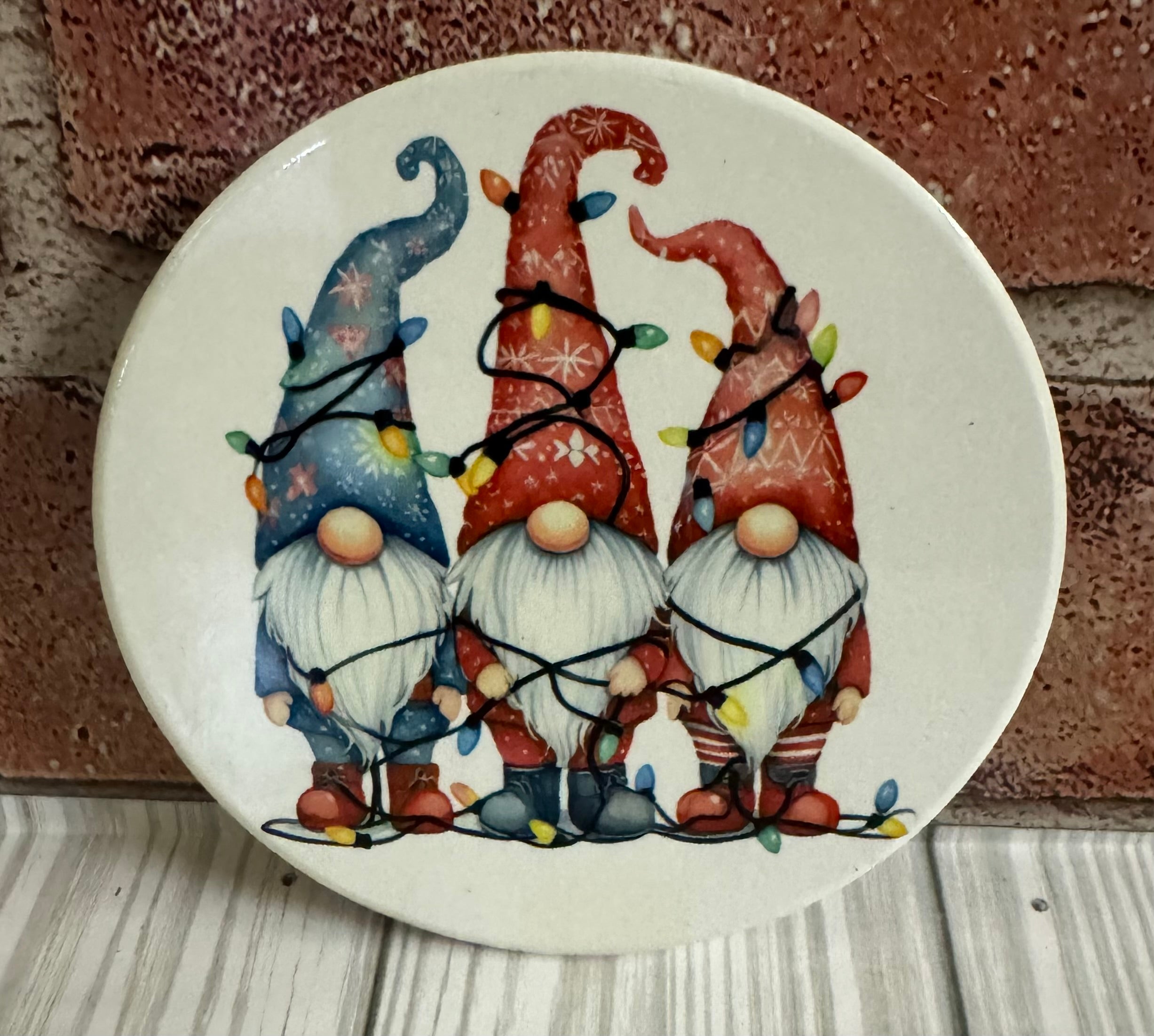 Round Ceramic Coaster Gnomes Christmas lights