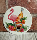 Round Ceramic Coaster Gnome with Flamingo