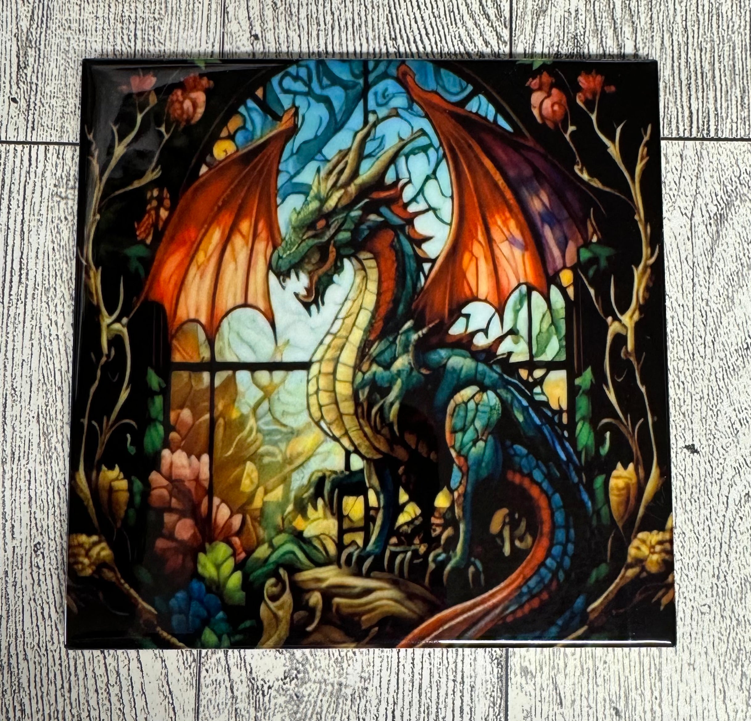 Square Ceramic Coaster Dragon Stained Glass Window