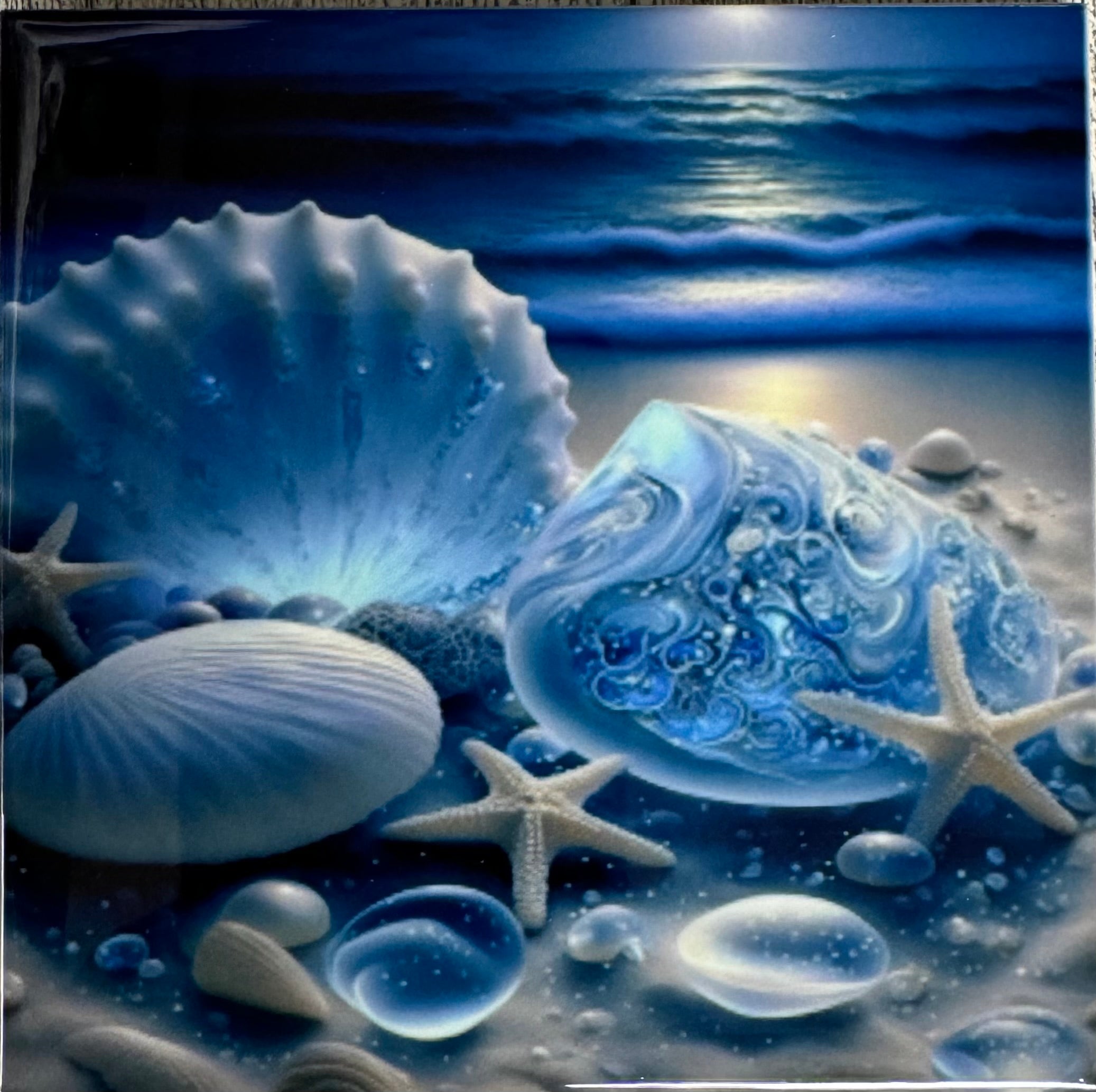 Square Ceramic Coaster Blue shells on beach