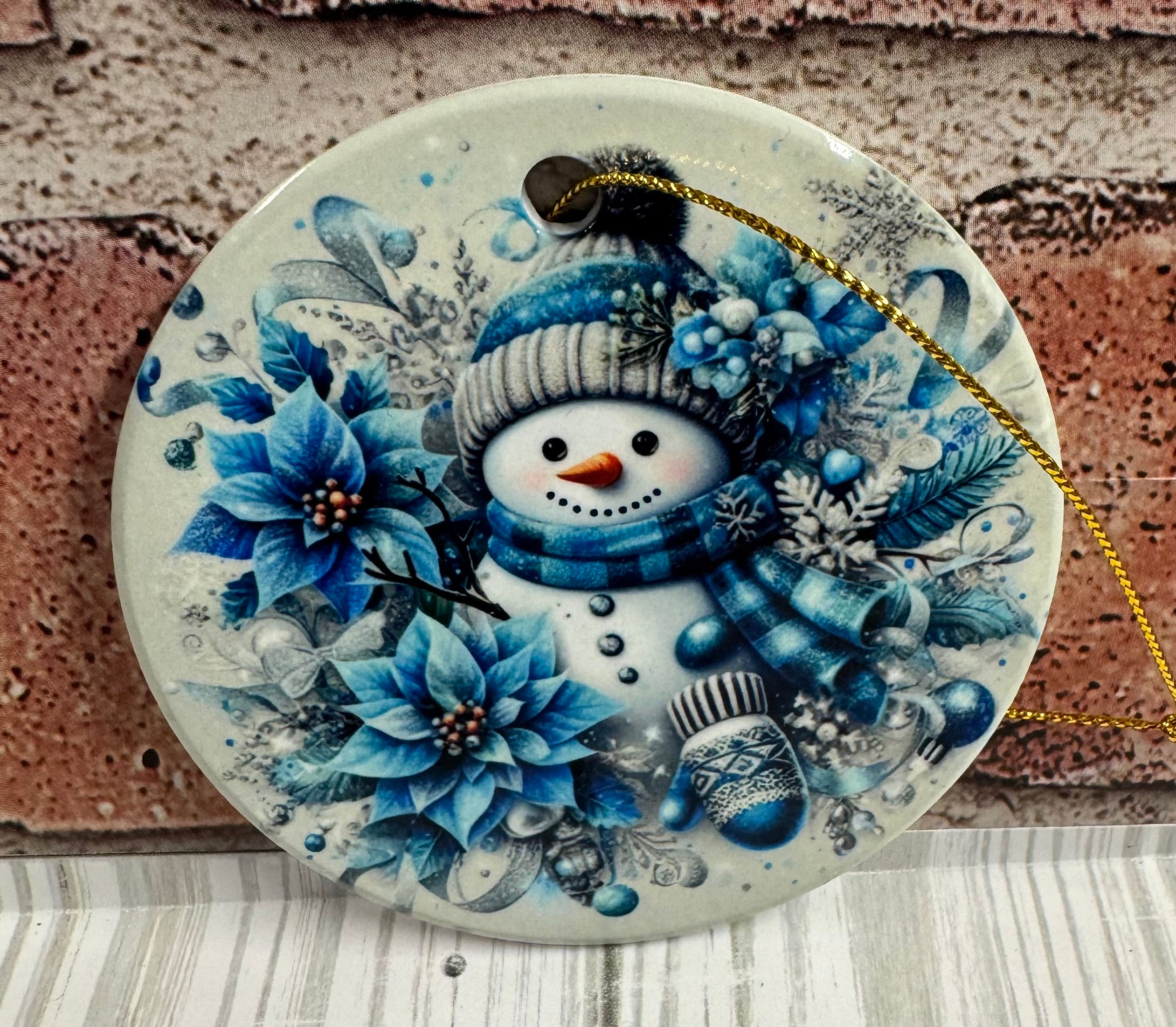 Ceramic Christmas Ornament Blue and Silver Snowman