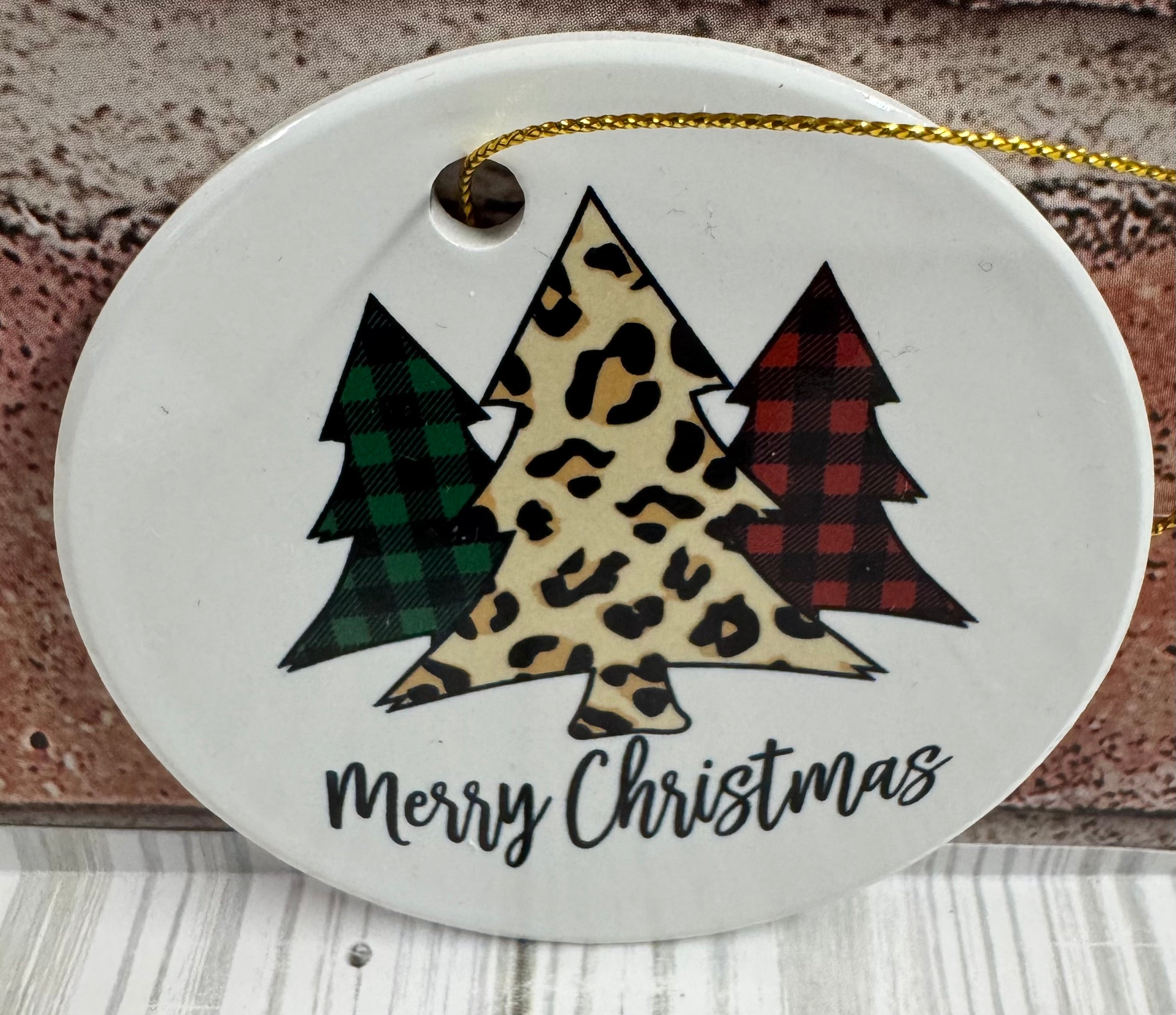 Ceramic Christmas Ornament Leopard and plaid trees