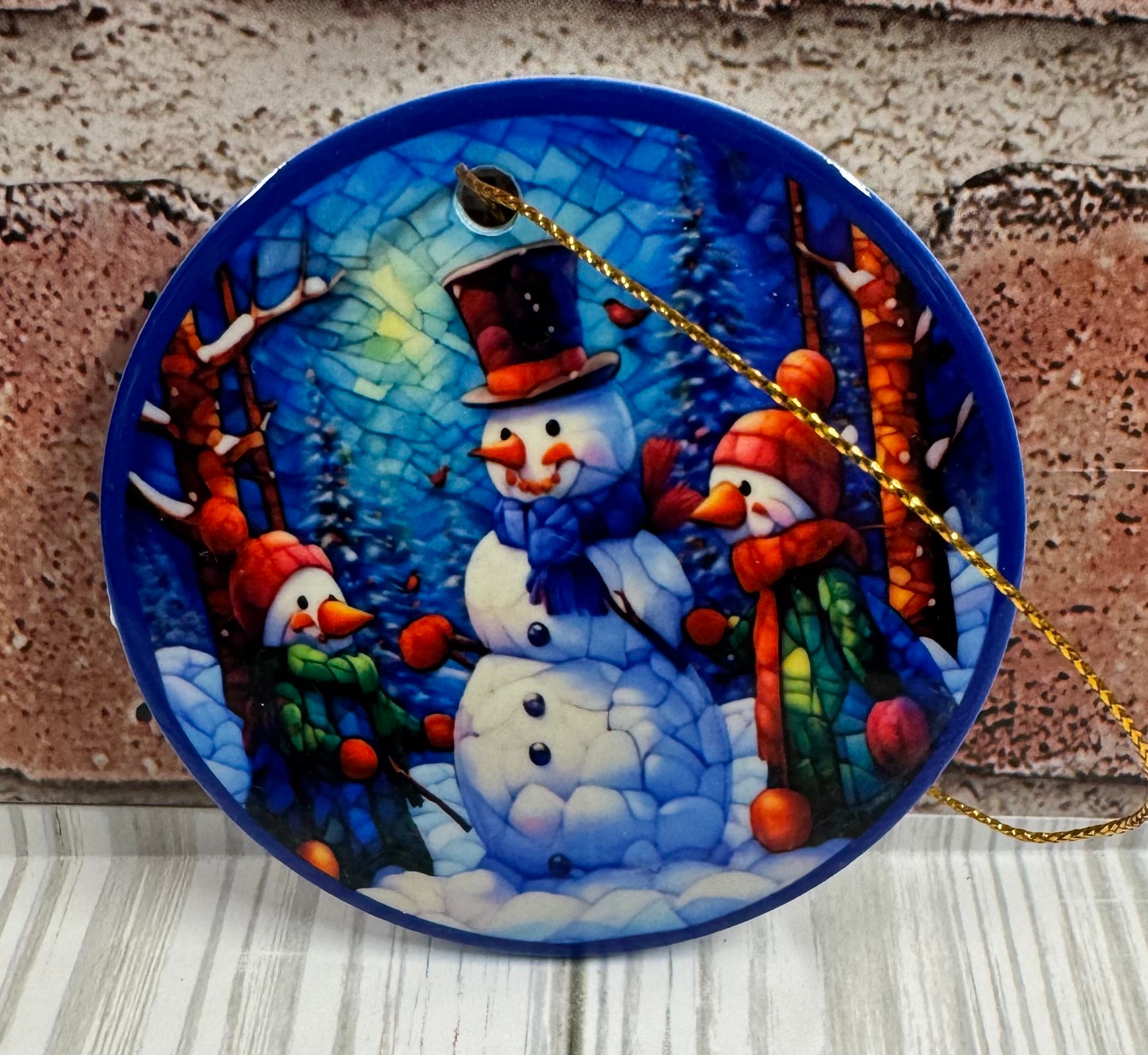 Ceramic Christmas Ornament Snowman family crackled