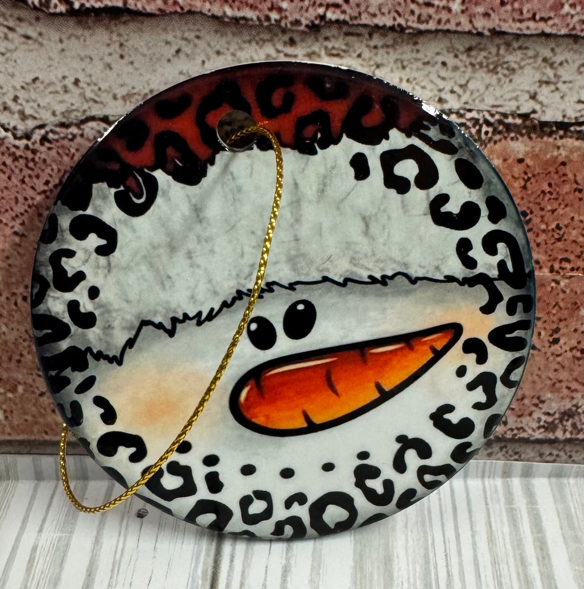 Ceramic Christmas Ornament Snowman face Leopard print