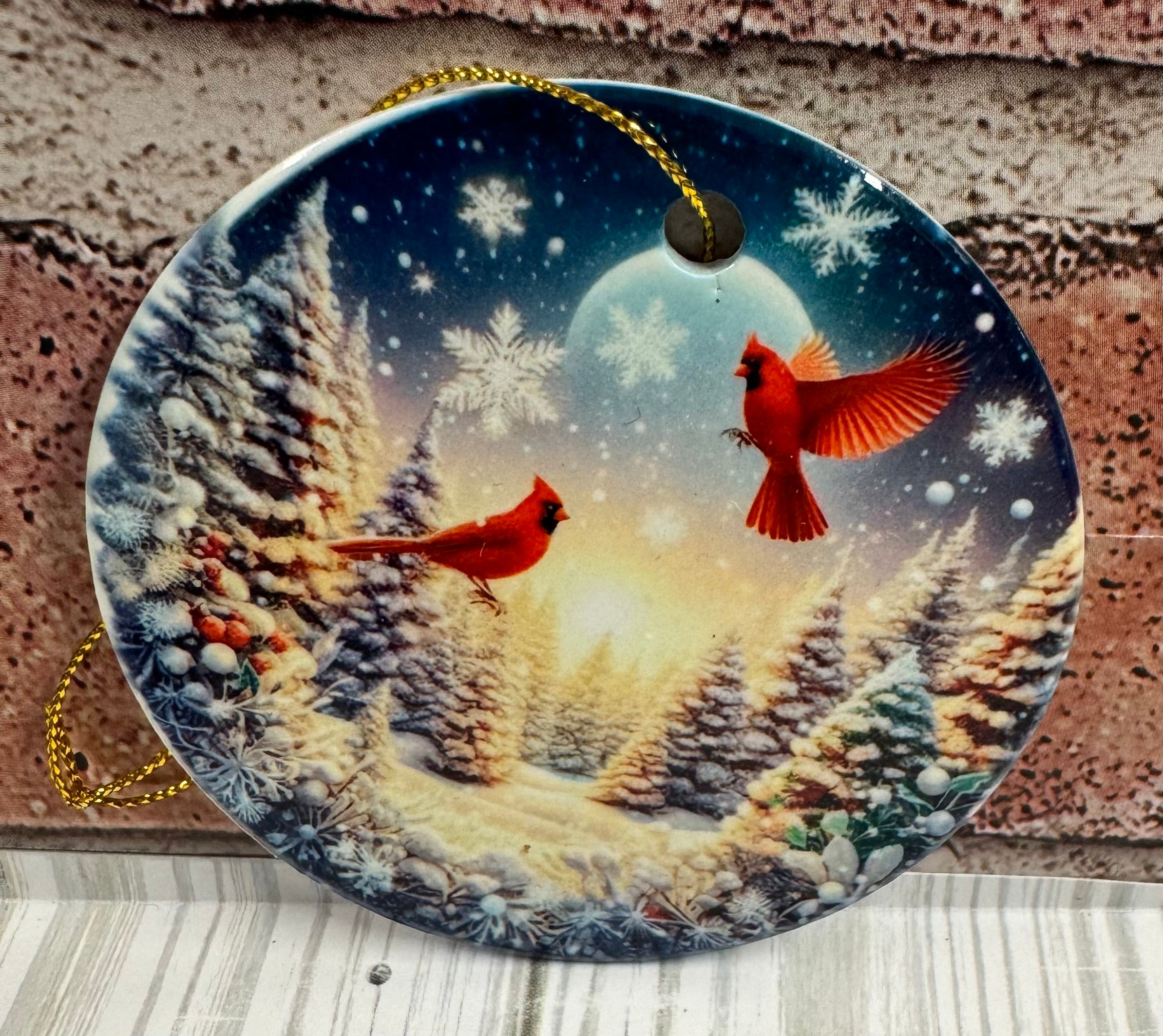 Ceramic Christmas Ornament Cardinals in snowy field