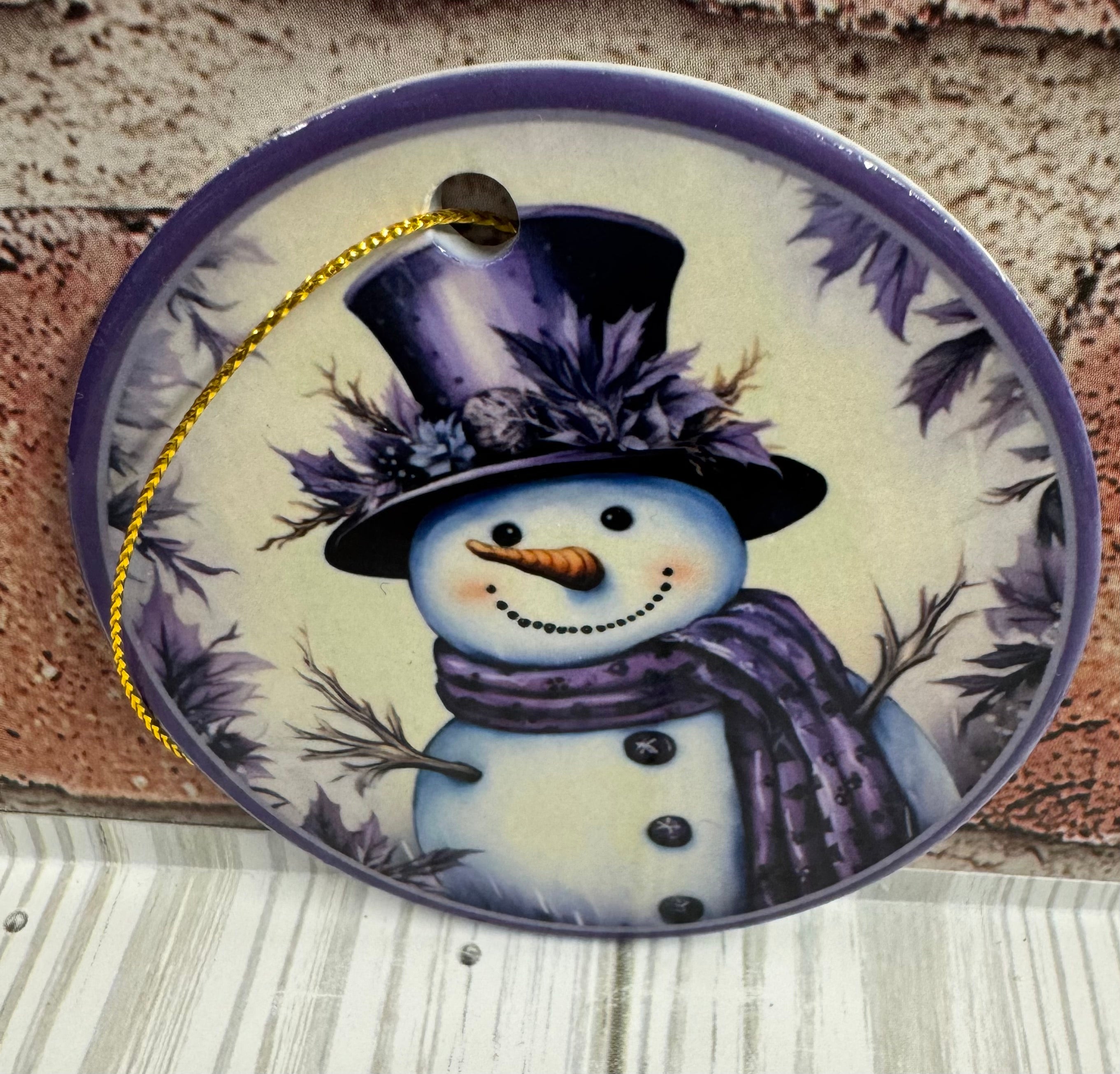 Ceramic Christmas Ornament Purple Snowman