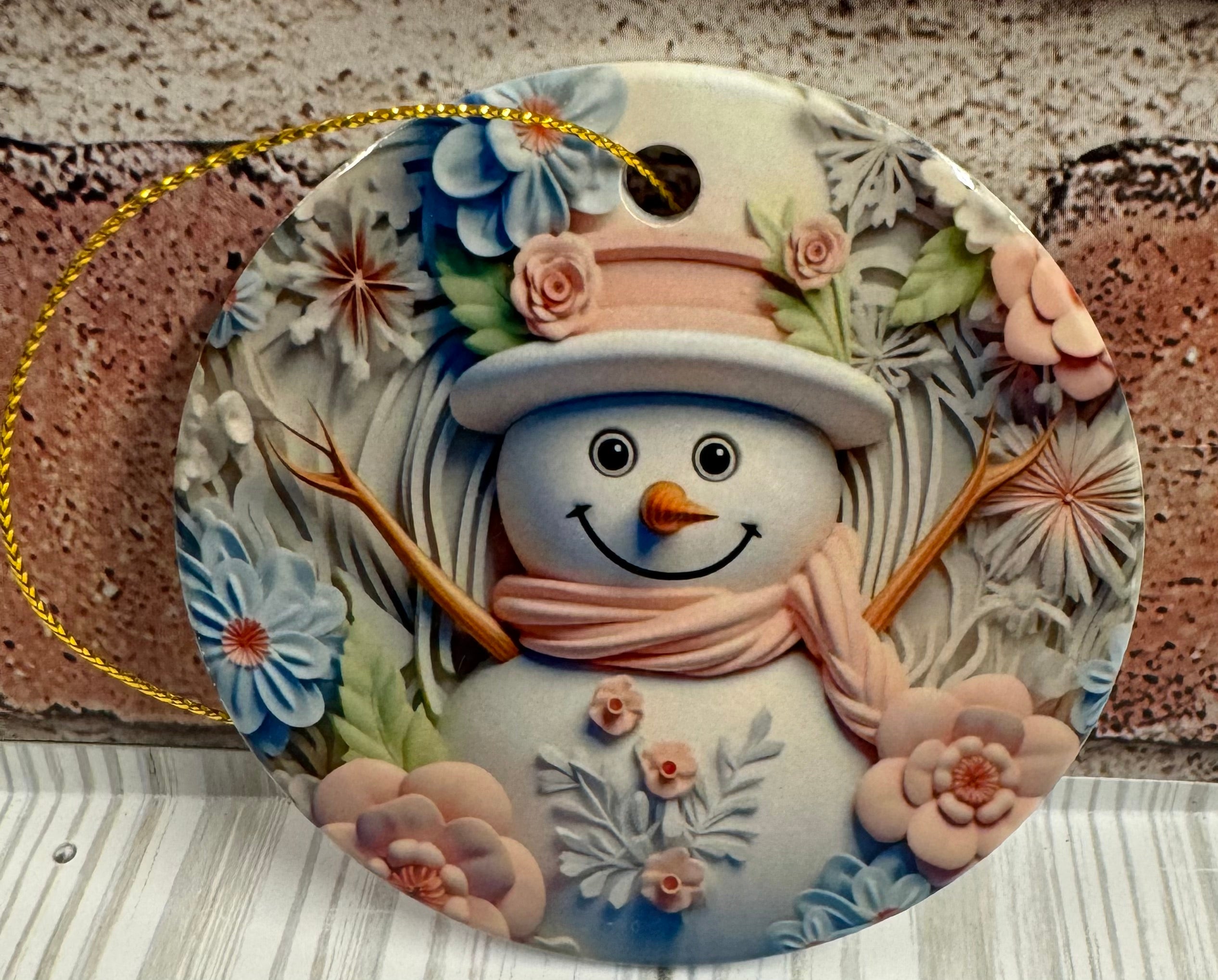 Ceramic Christmas Ornament Snowman pink and blue