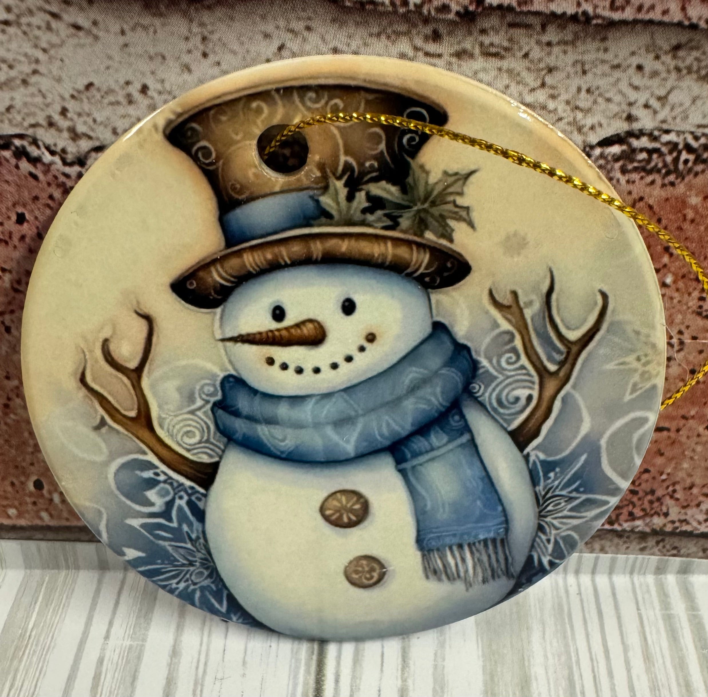 Ceramic Christmas Ornament Snowman with Brown hat