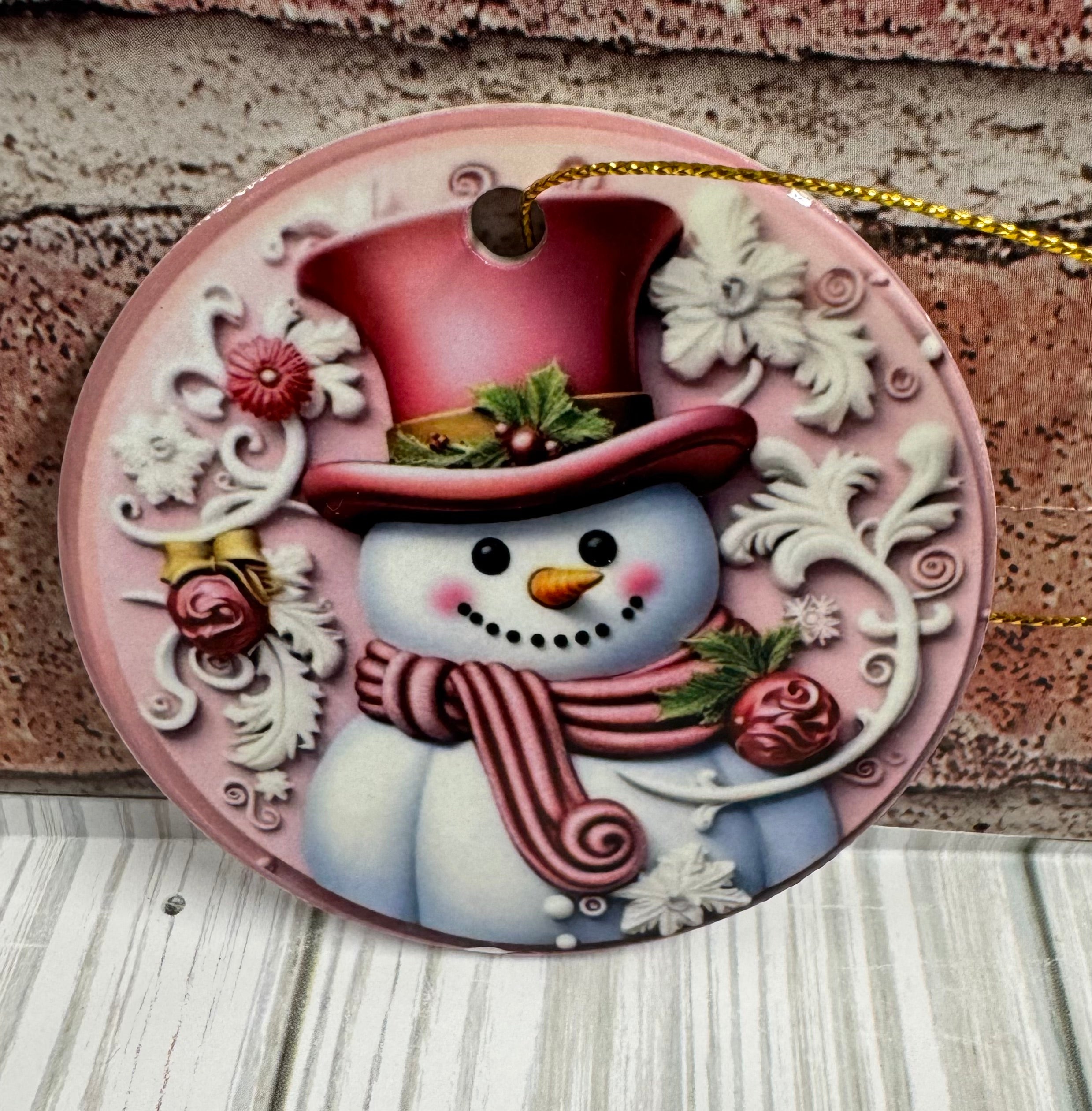Ceramic Christmas Ornament Pink Snowman