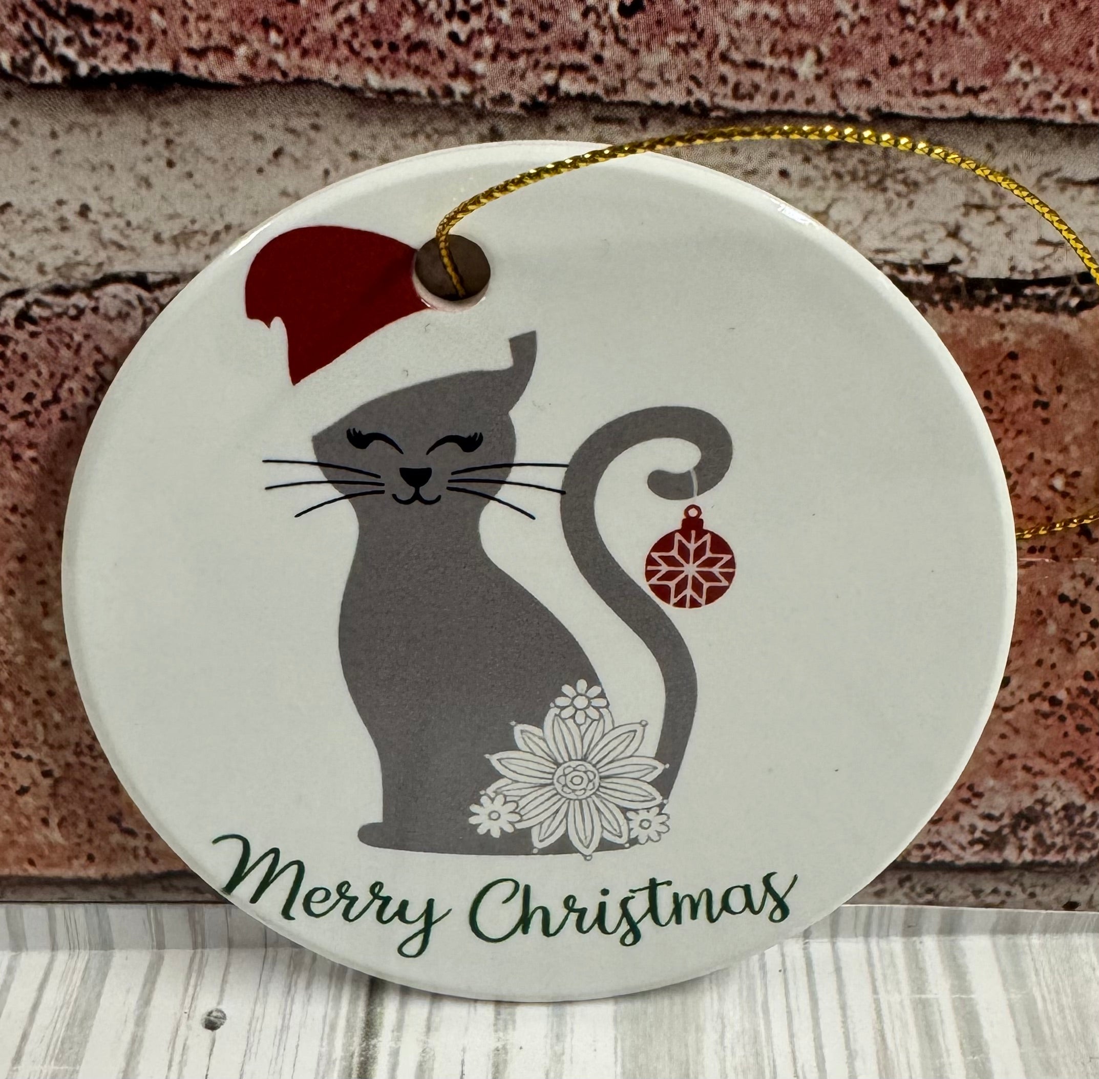 Ceramic Christmas Ornament Merry Christmas Grey Cat