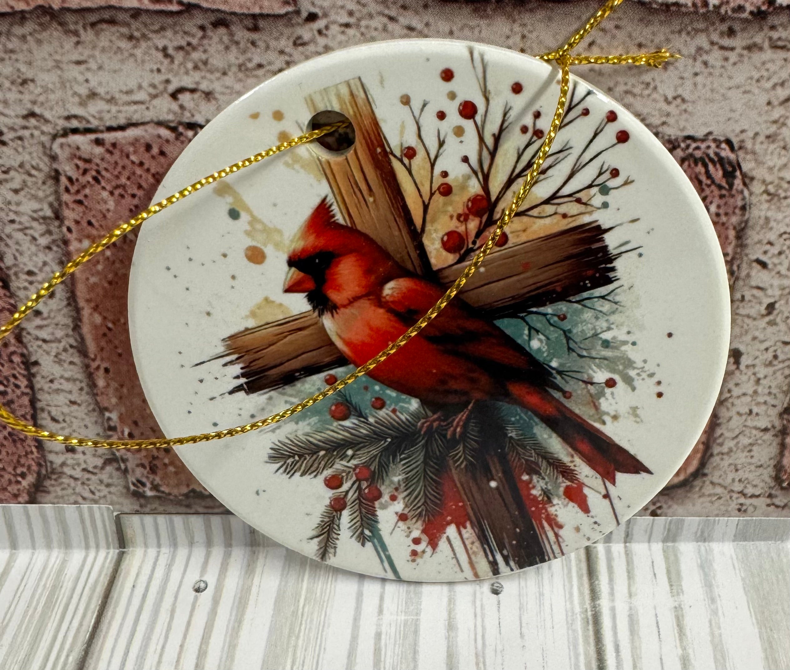 Ceramic Christmas Ornament Cardinal on Cross