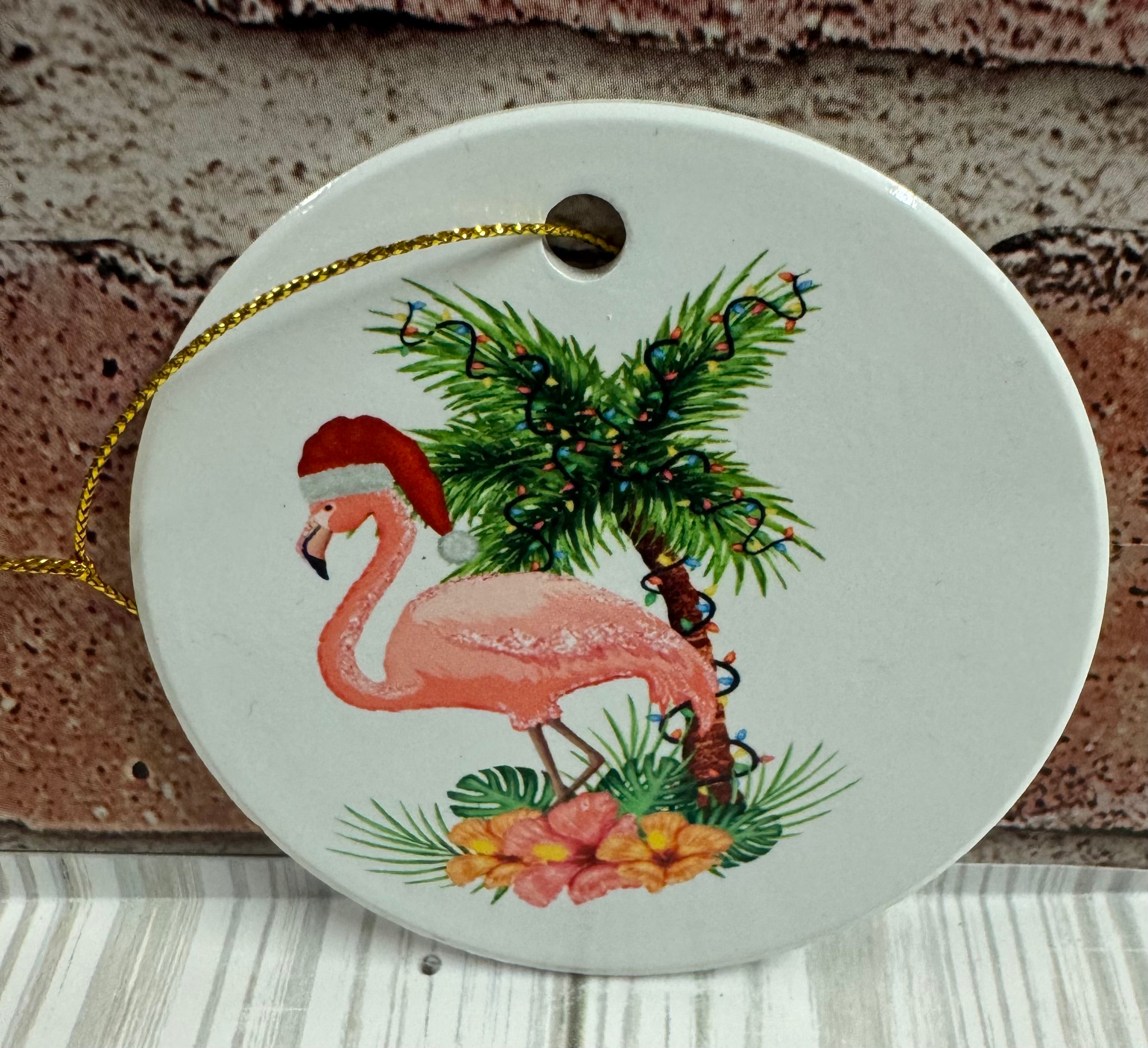 Ceramic Christmas Ornament Flamingo under Palm tree