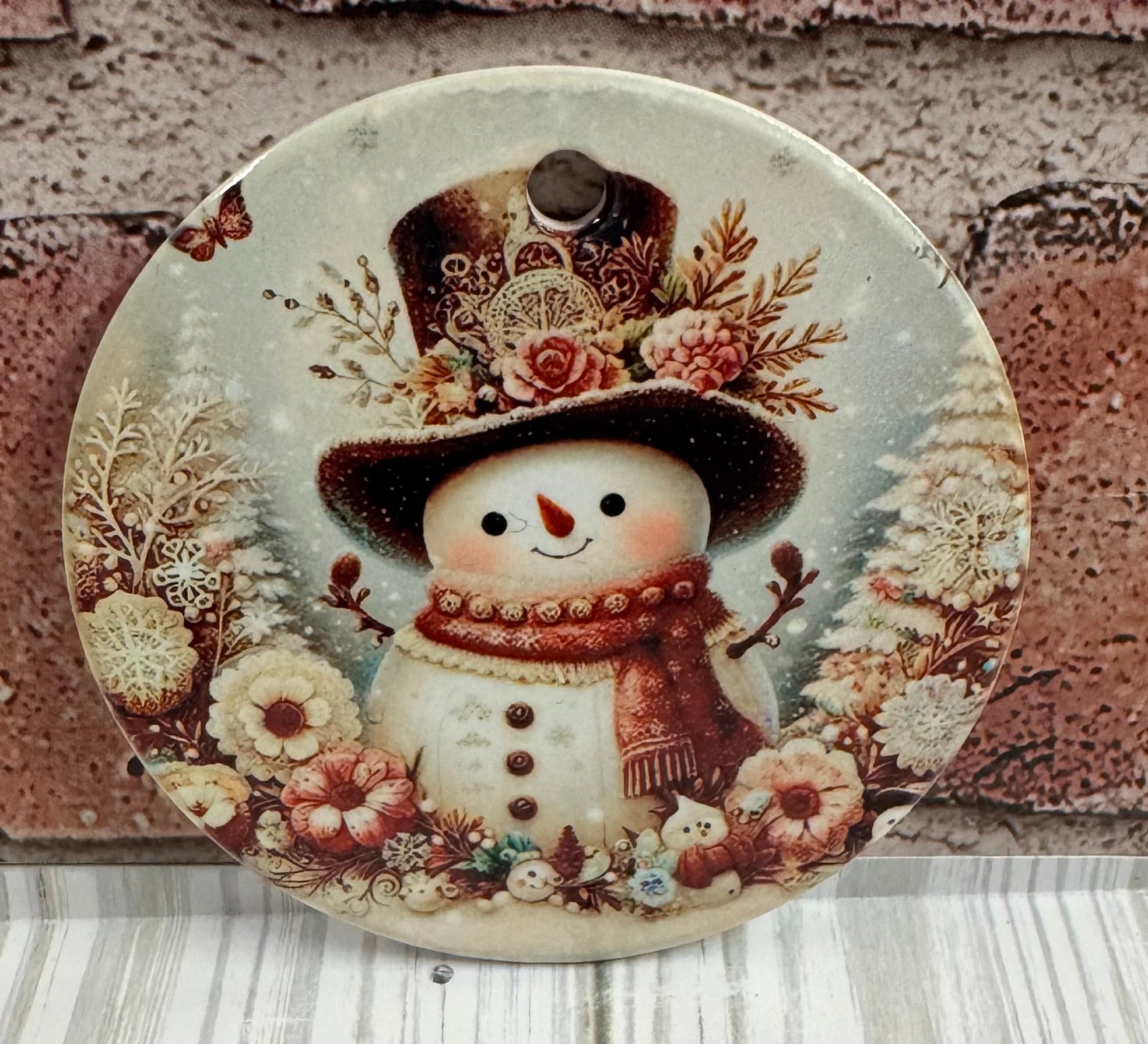 Ceramic Christmas Ornament Snowman red and tan flowers