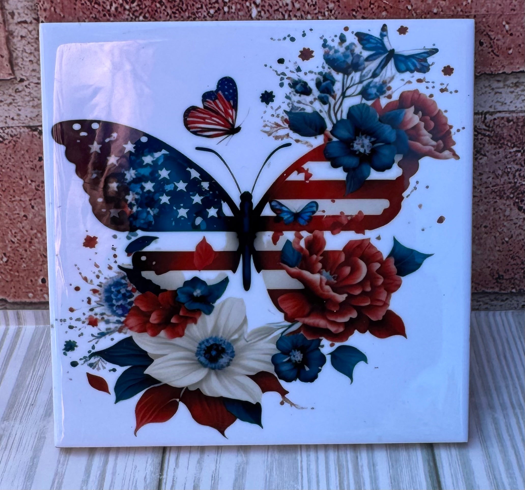 Square Ceramic Coaster Patriotic Butterfly