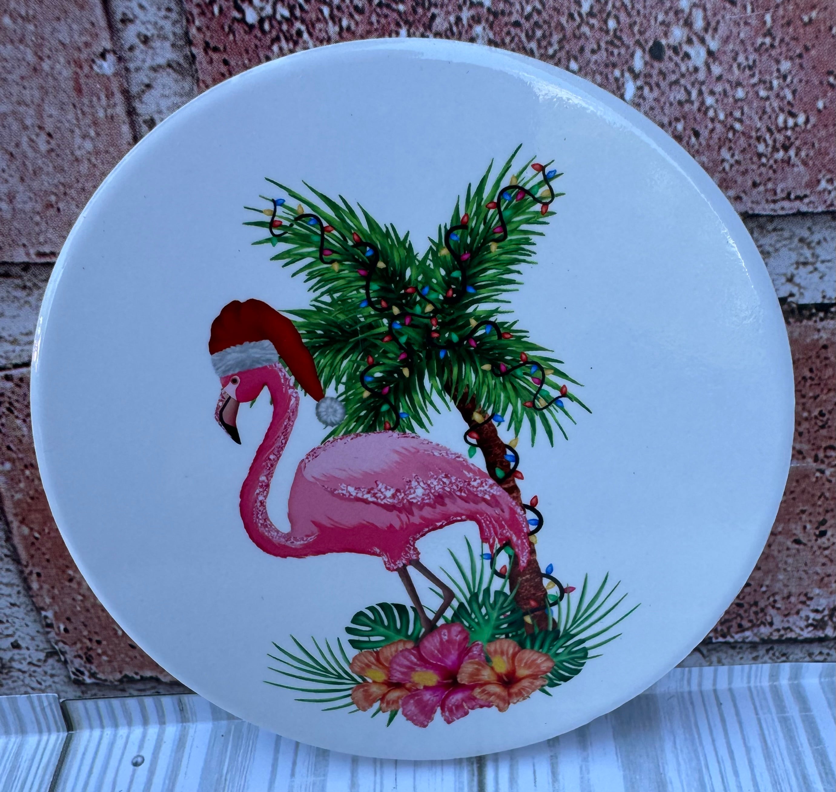 Round Ceramic Coaster flamingo with Palm tree