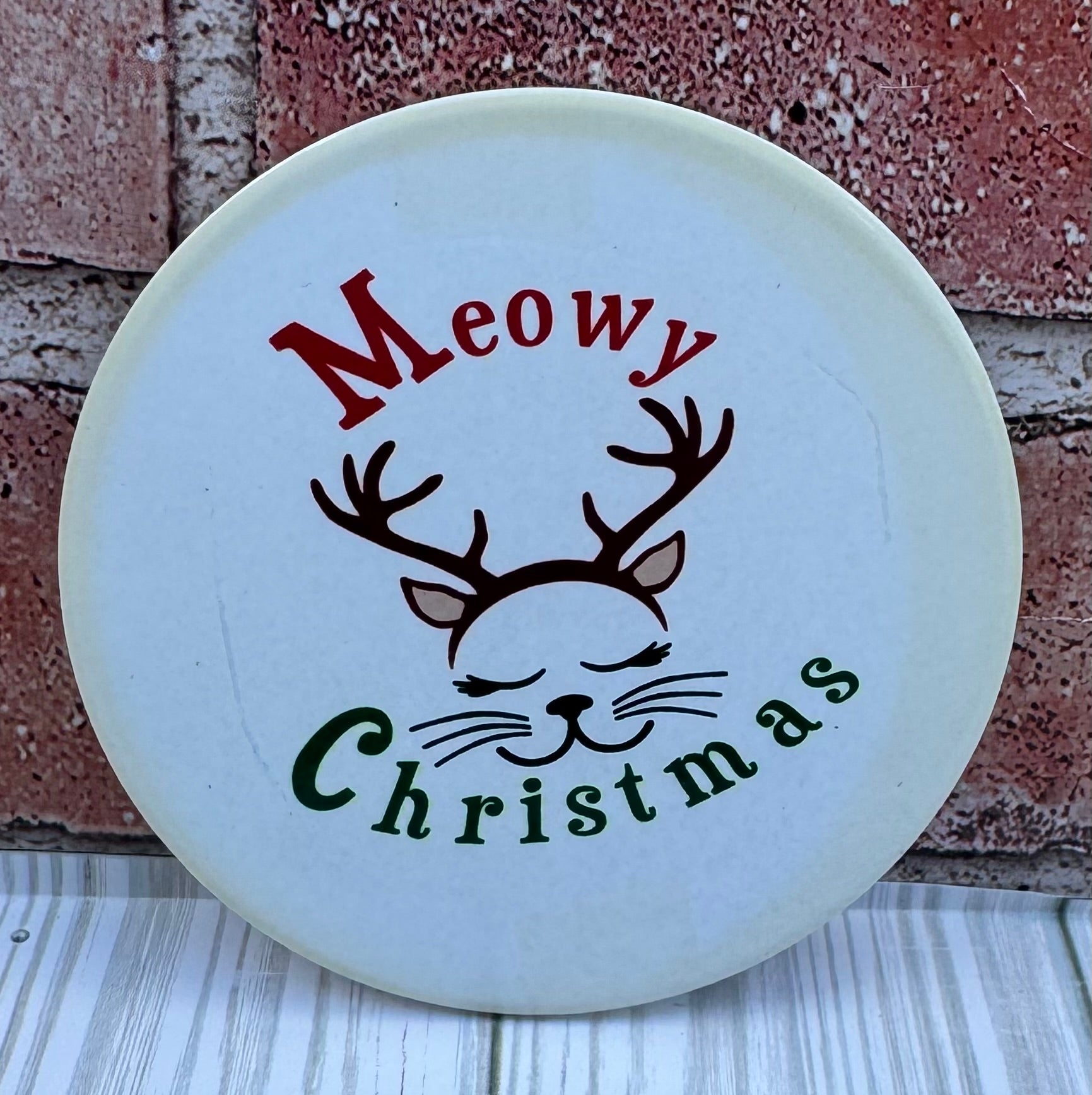Round Ceramic Coaster Meowy Christmas