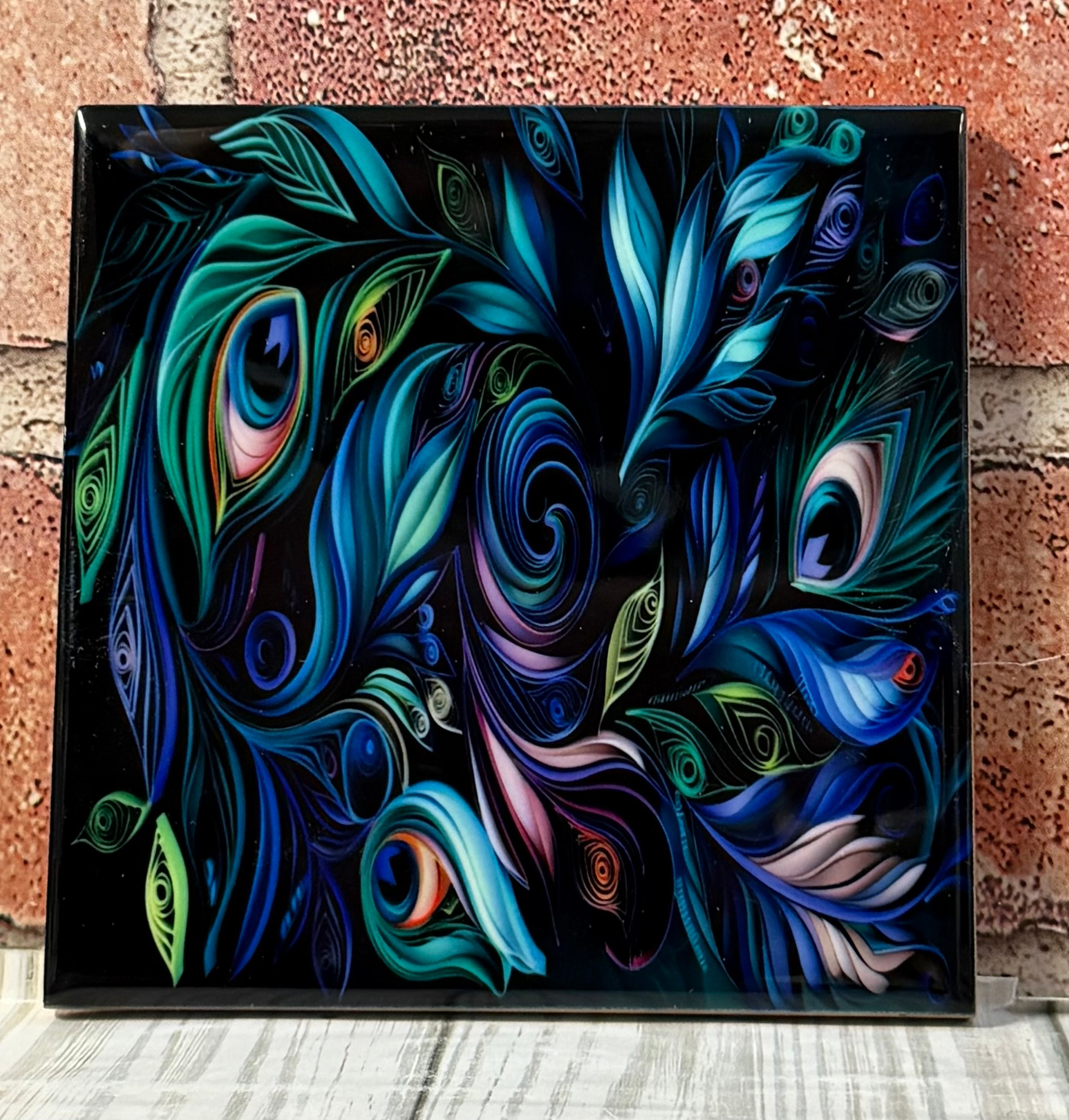 Square Ceramic Coaster Peacock Feathers